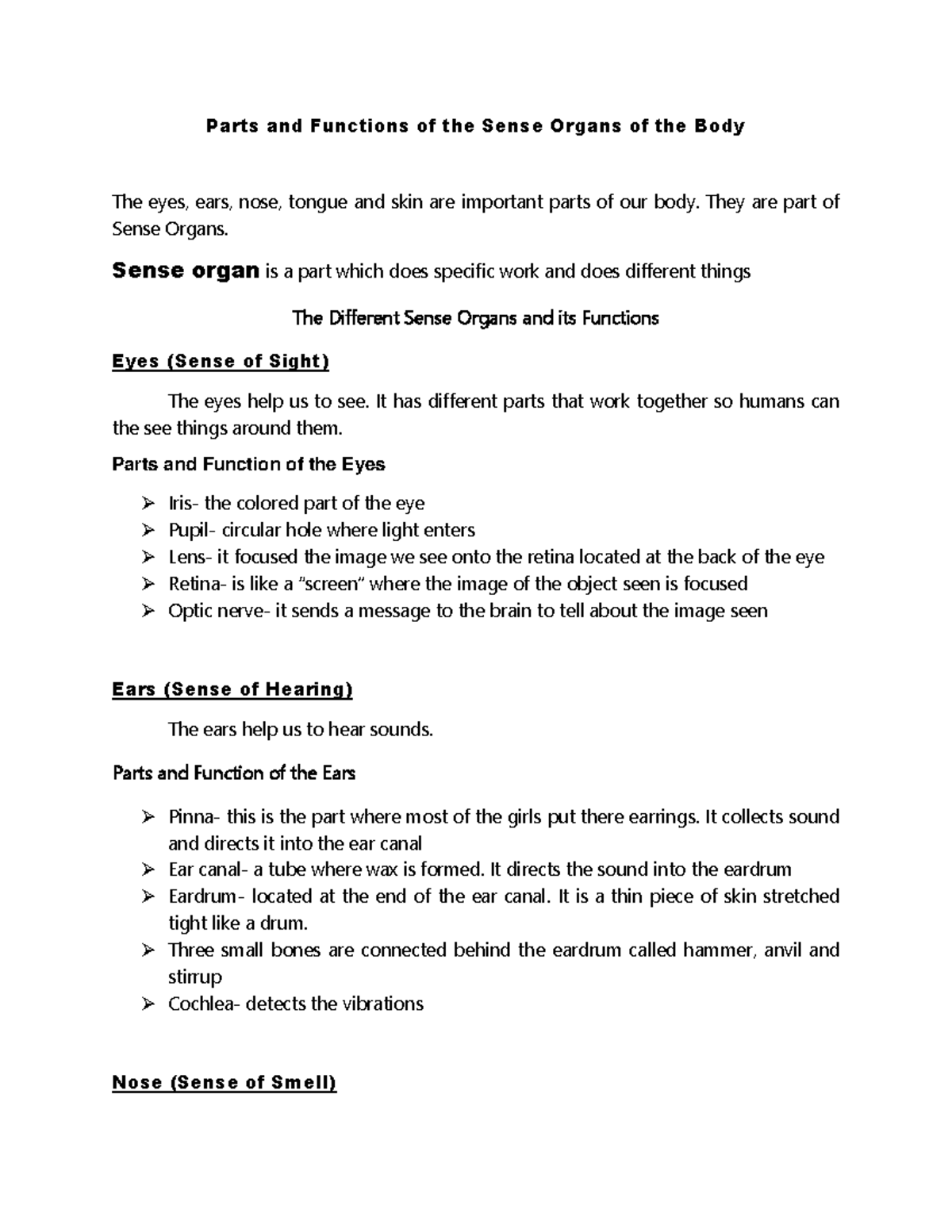 Parts and Functions of the Sense Organs of the Body - They are part of ...
