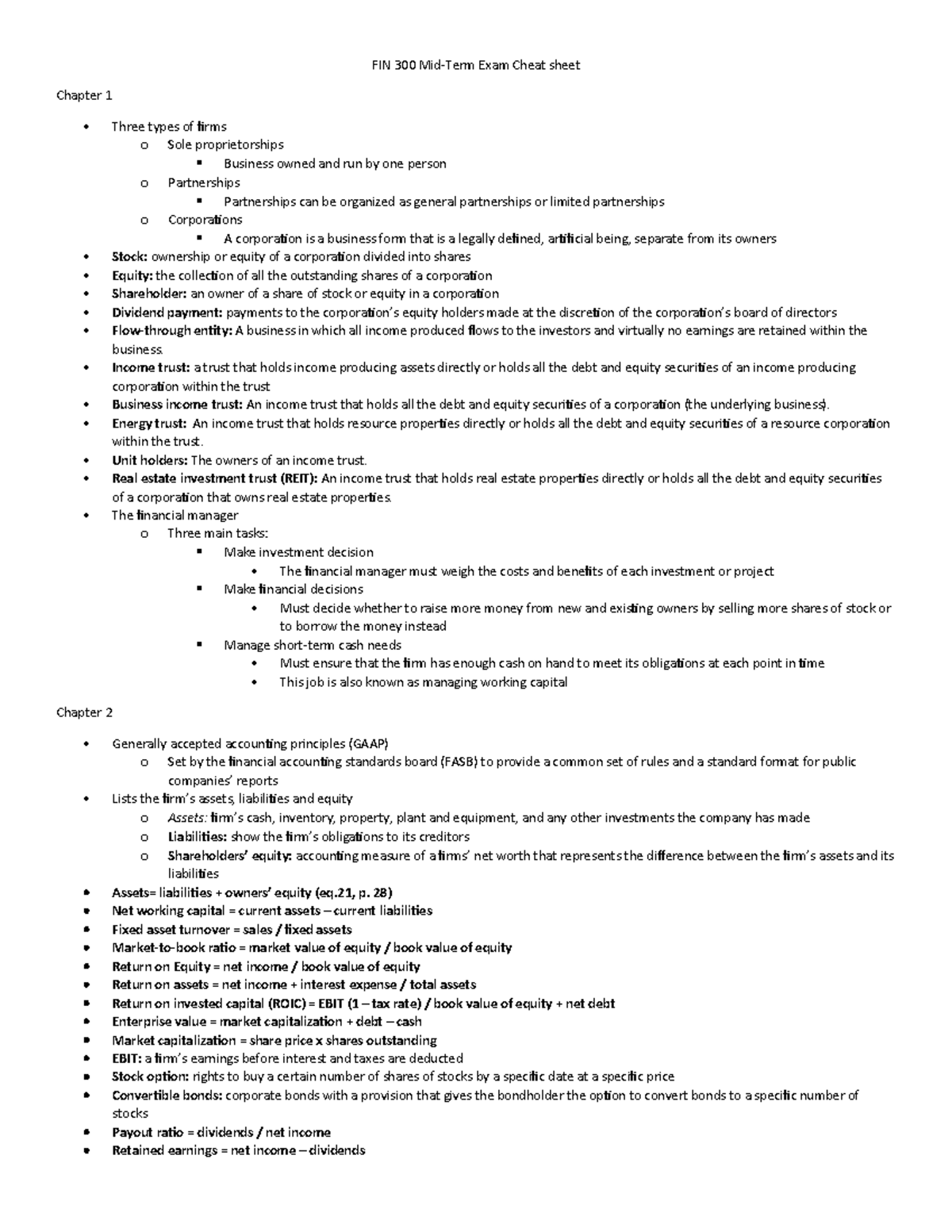 Fin 300 midterm crib sheet - FIN 300 Mid-Term Exam Cheat sheet Chapter ...