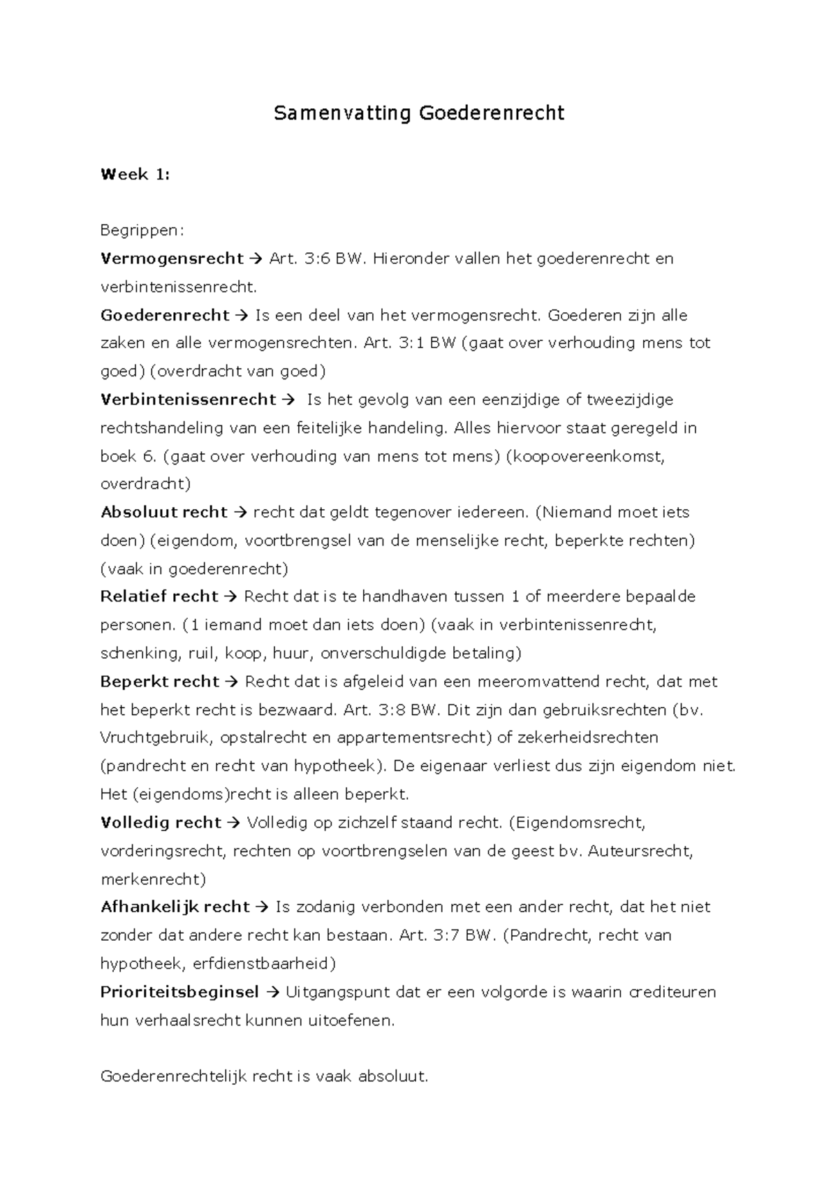 Samenvatting Goederenrecht - Samenvatting Goederenrecht Week 1 ...