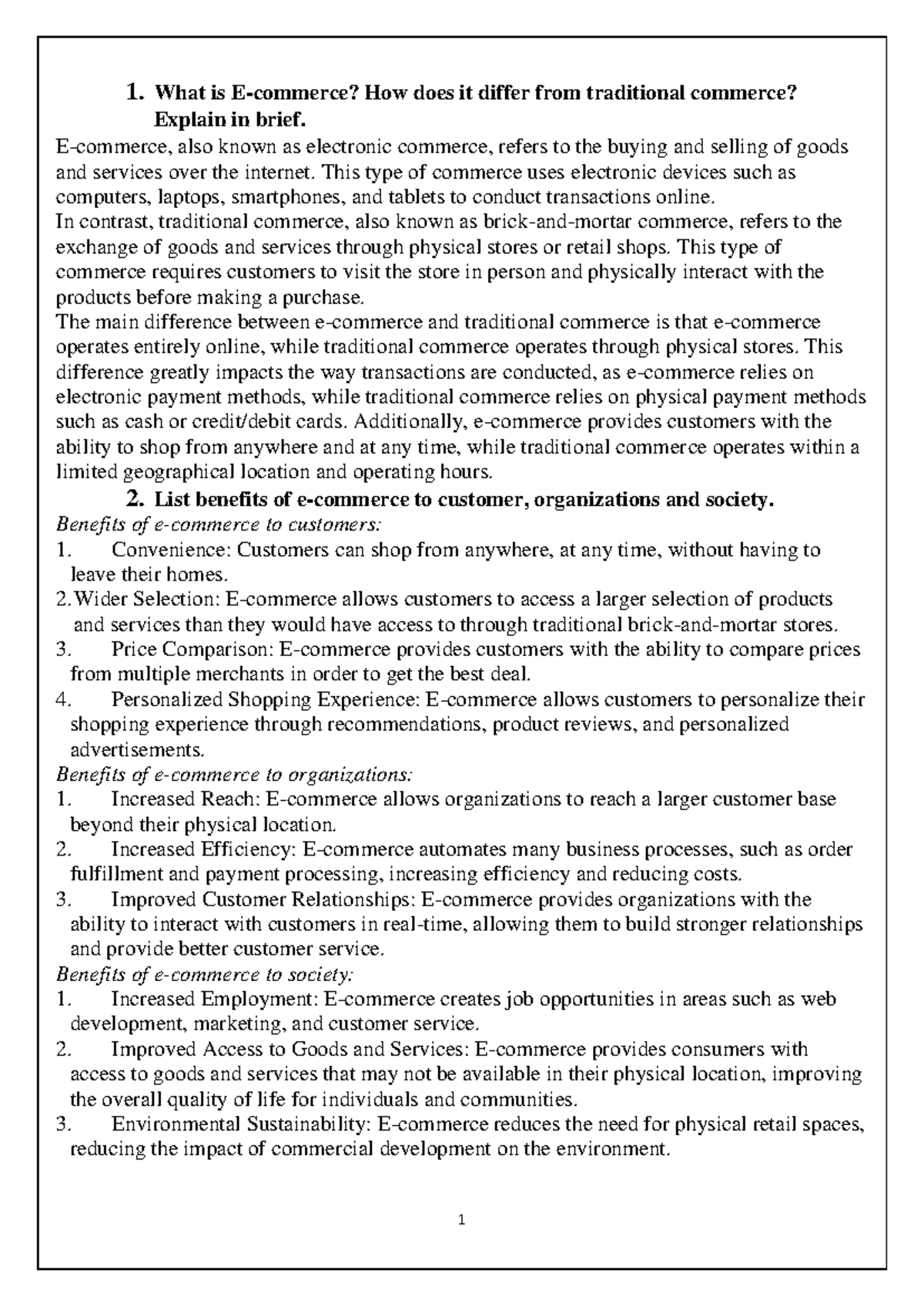 E-Business - note - 1. What is E-commerce? How does it differ from ...