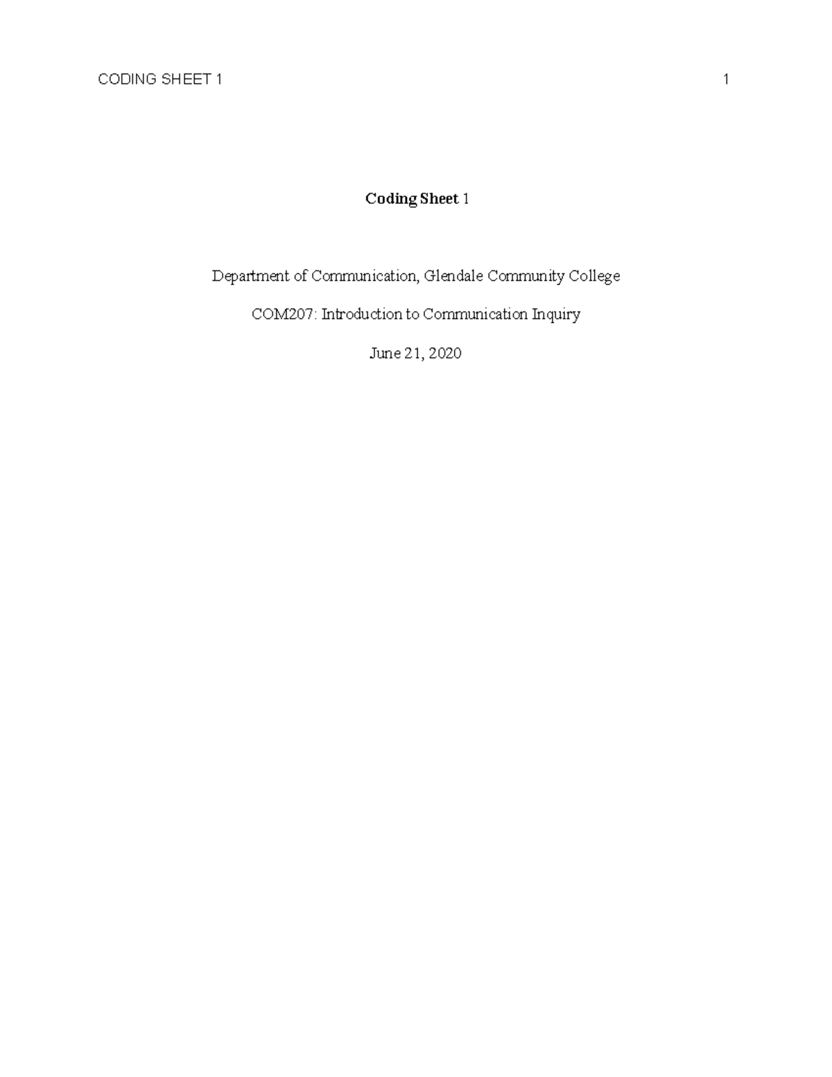 Coding Sheet 1 - Answering Questions - CODING SHEET 1 1 Coding Sheet 1 ...