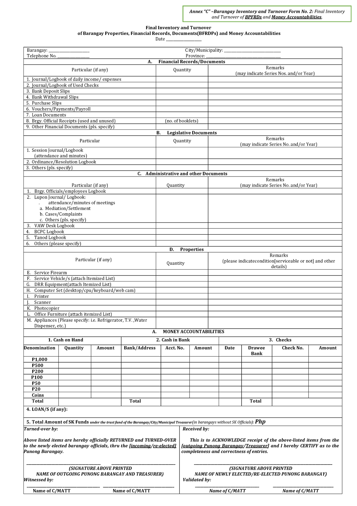 Barangay Inventory and Turnover Form No 2 Final Inventory and Turnover ...