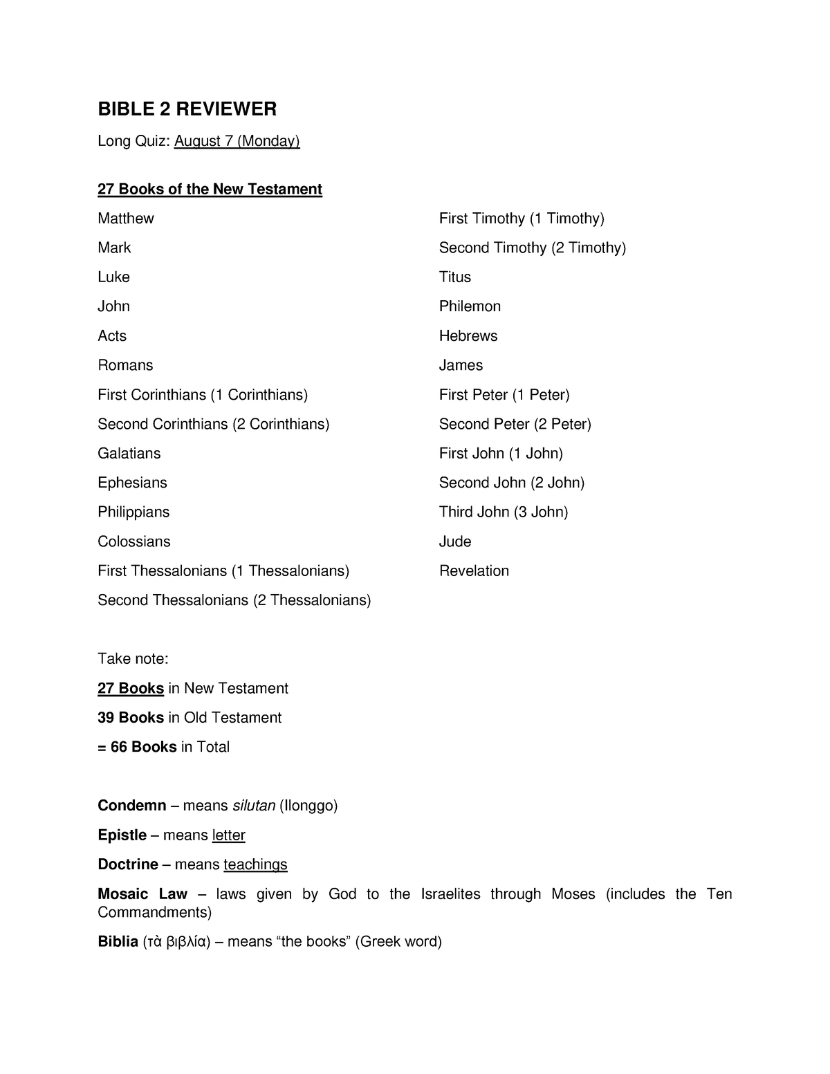 Bible 2 Reviewer - BIBLE 2 REVIEWER Long Quiz: August 7 (Monday) 27 ...