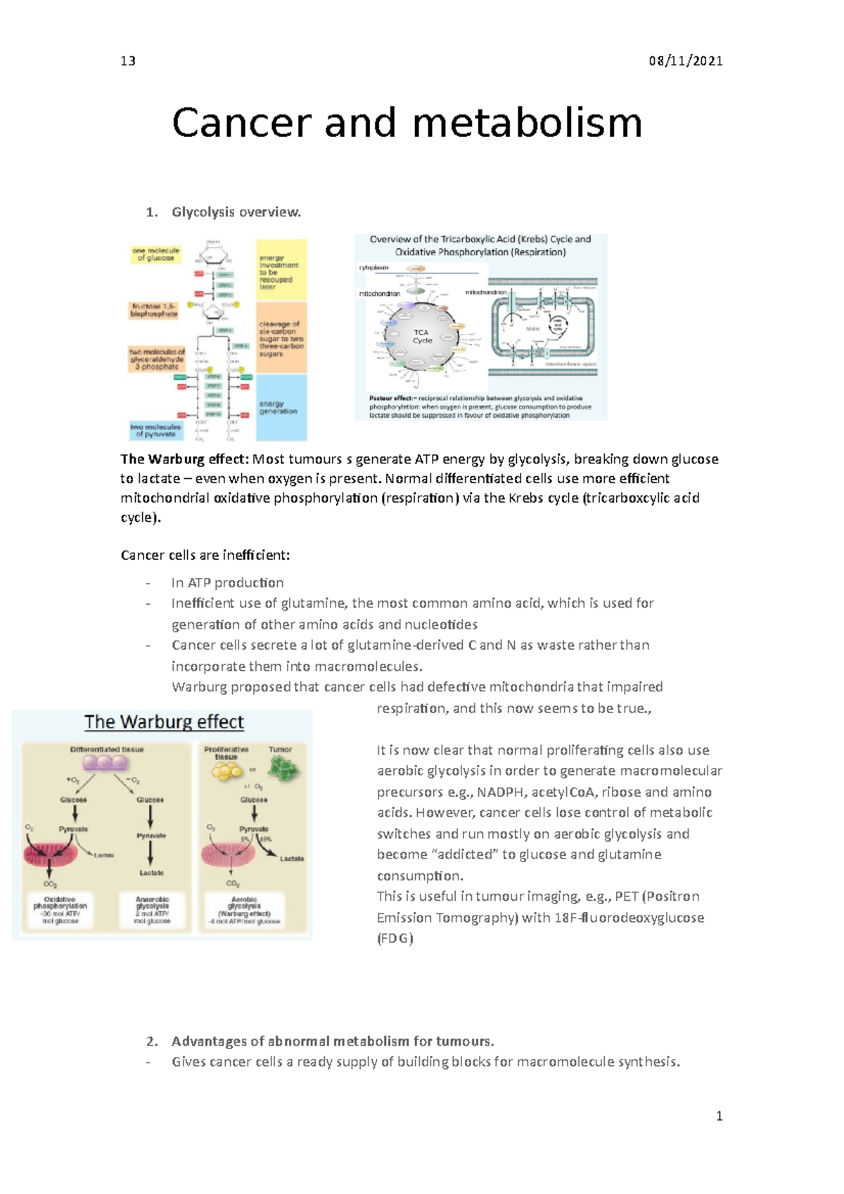 Cancer and metabolism - Glycolysis overview. The Warburg effect: Most ...