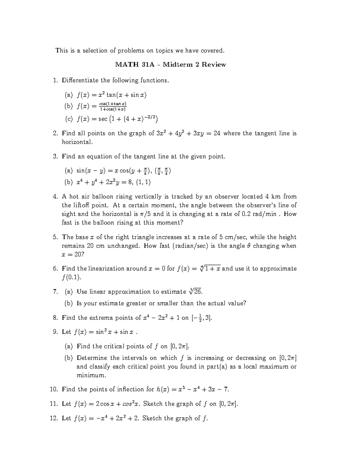 Midterm 2 Review - This Is A Selection Of Problems On Topics We Have ...