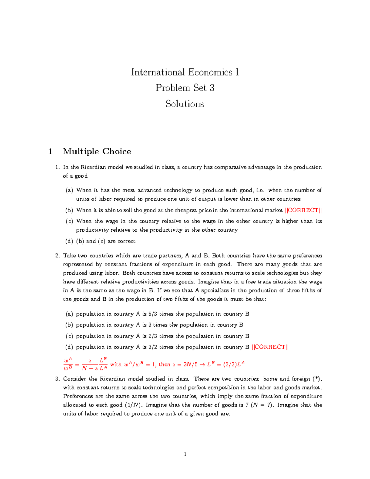 Problem Set 3 Solution International Economics - International ...