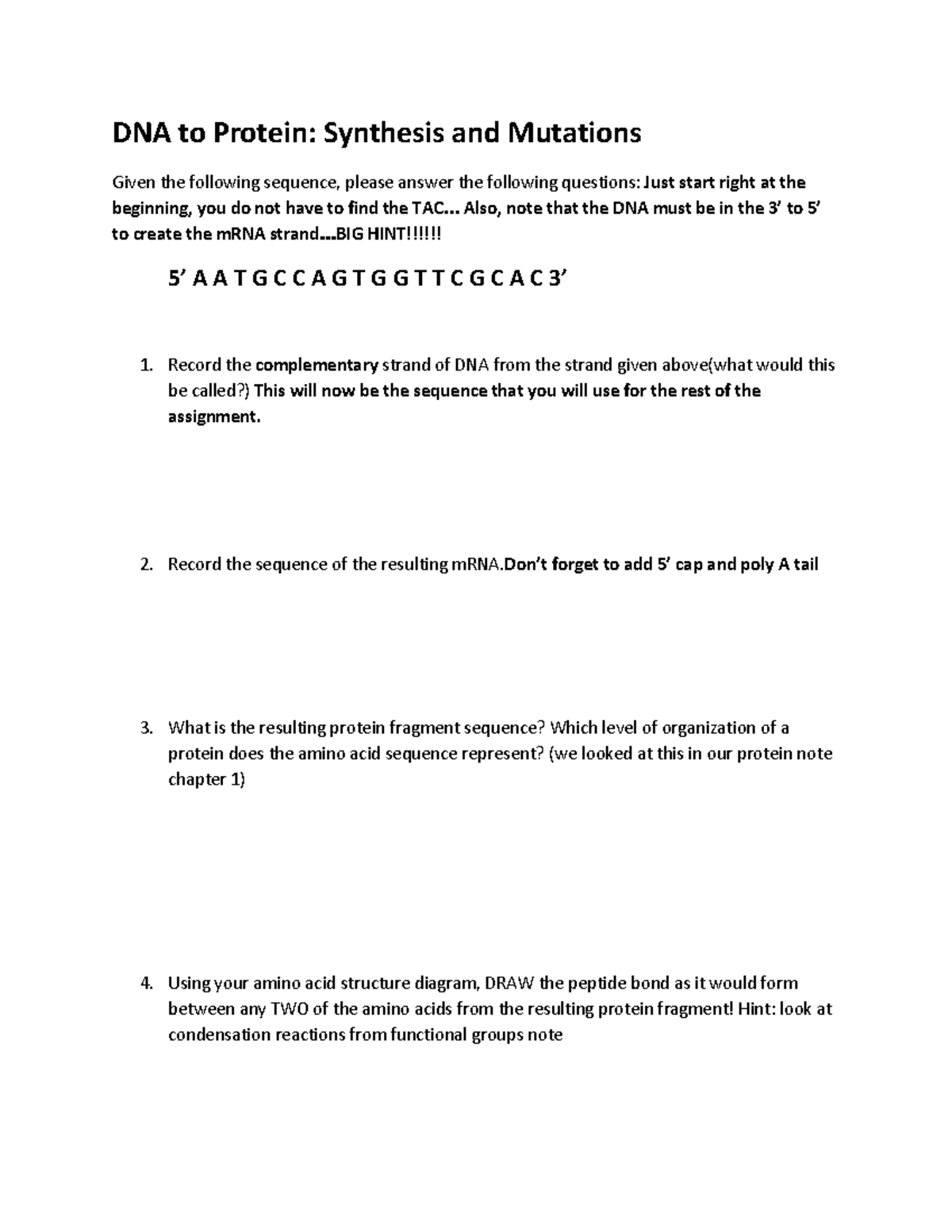 Mutations Assignment DNA to Protein Synthesis and Mutations Given