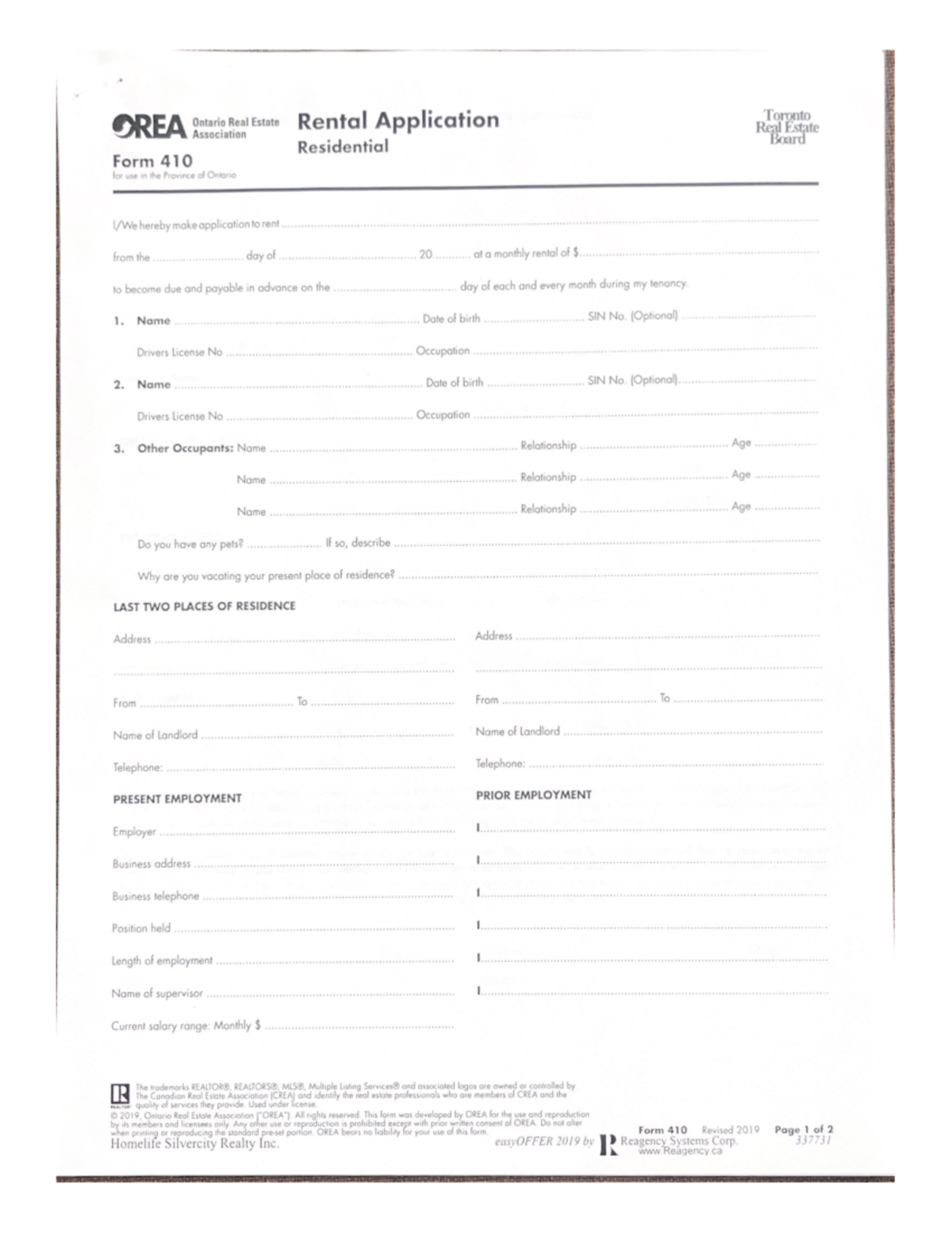 Rental Application - Thrh - OREA Ontario Real Estate Rental Application ...