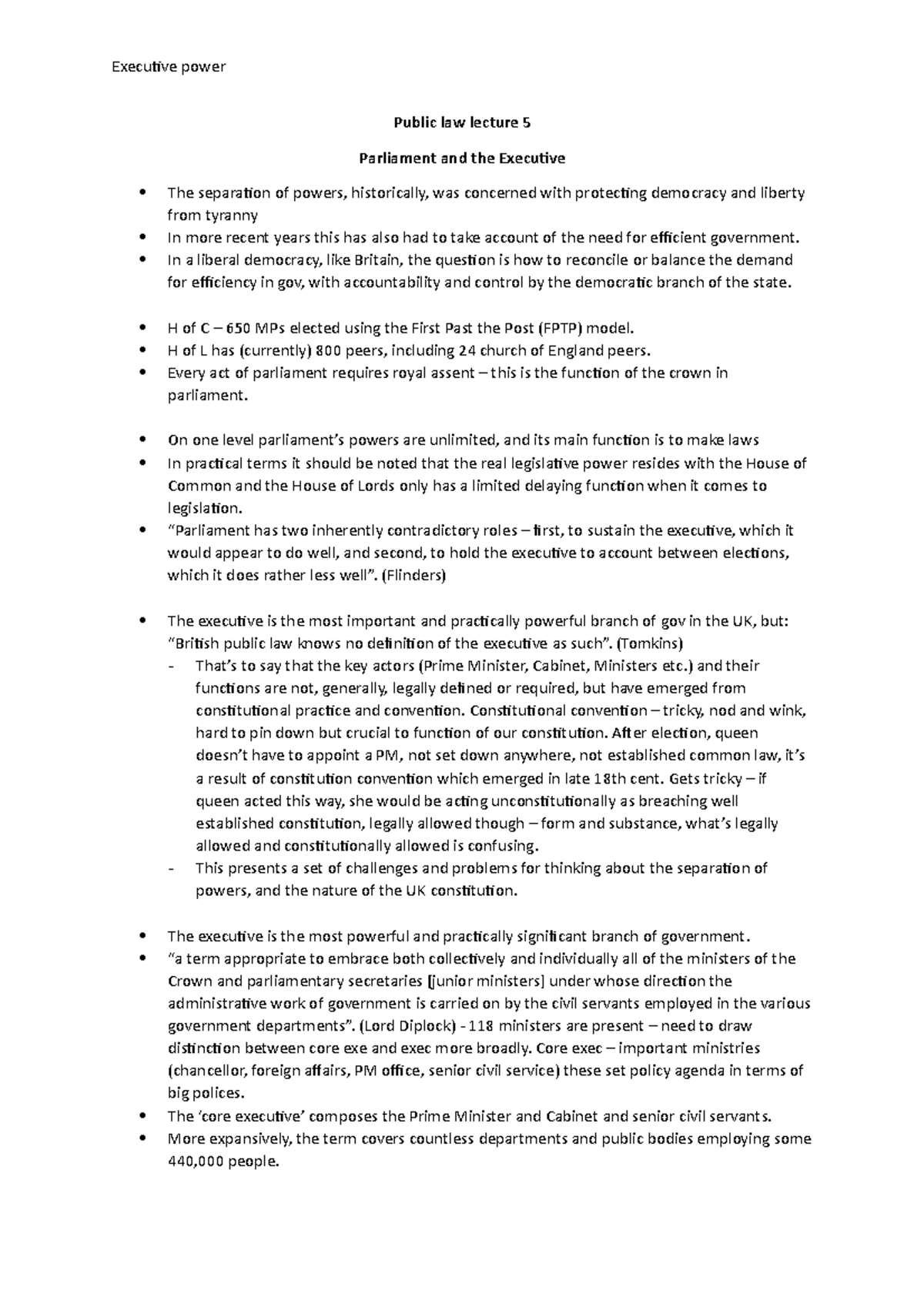 5 - executive power - Lecture notes 5 - Public law lecture 5 Parliament ...