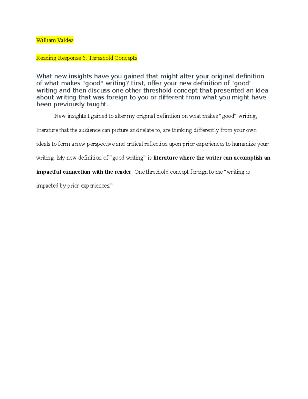 Reading Response 5 Threshold Concepts William Valdes Reading Response