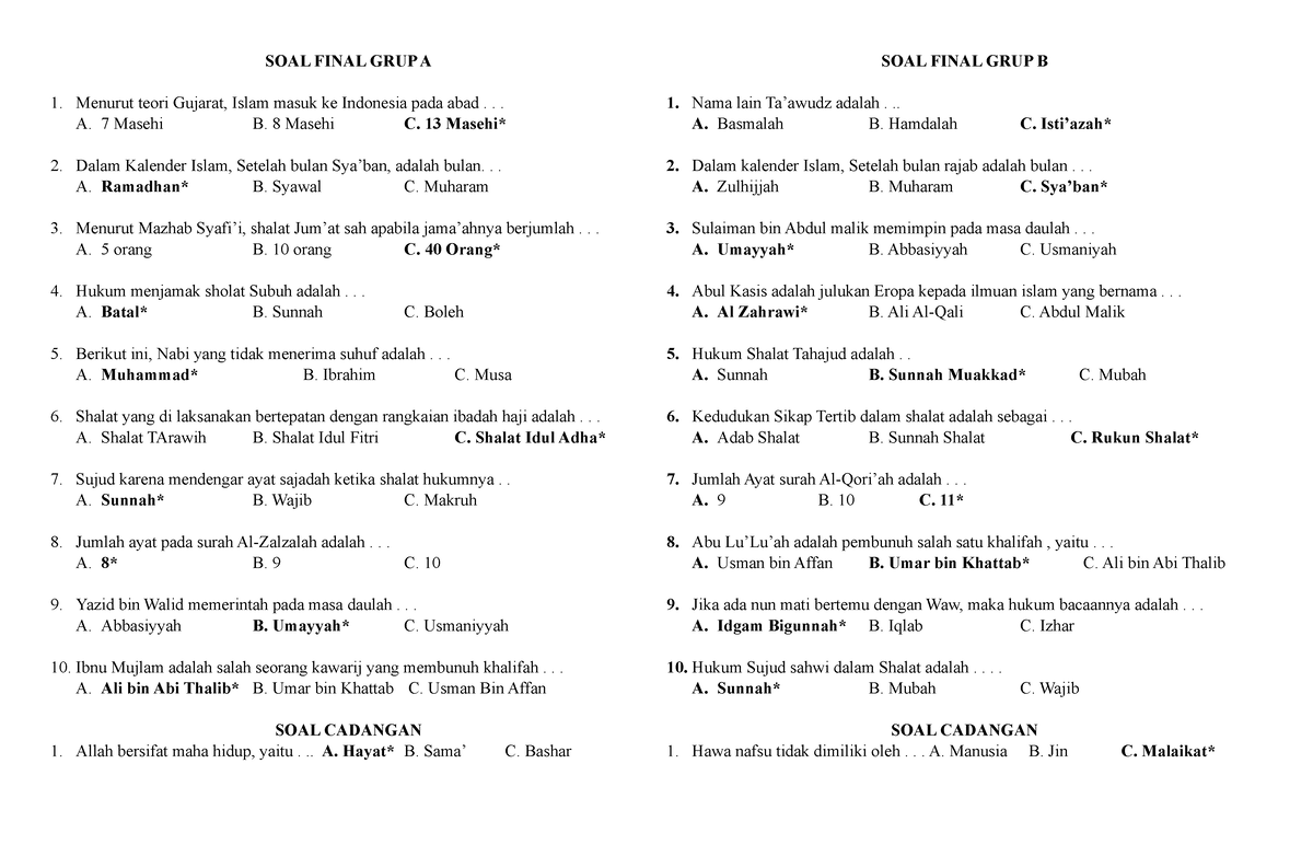 100 Soal PAI - Soal Final - Pendidikan Agama - UNAND - Studocu