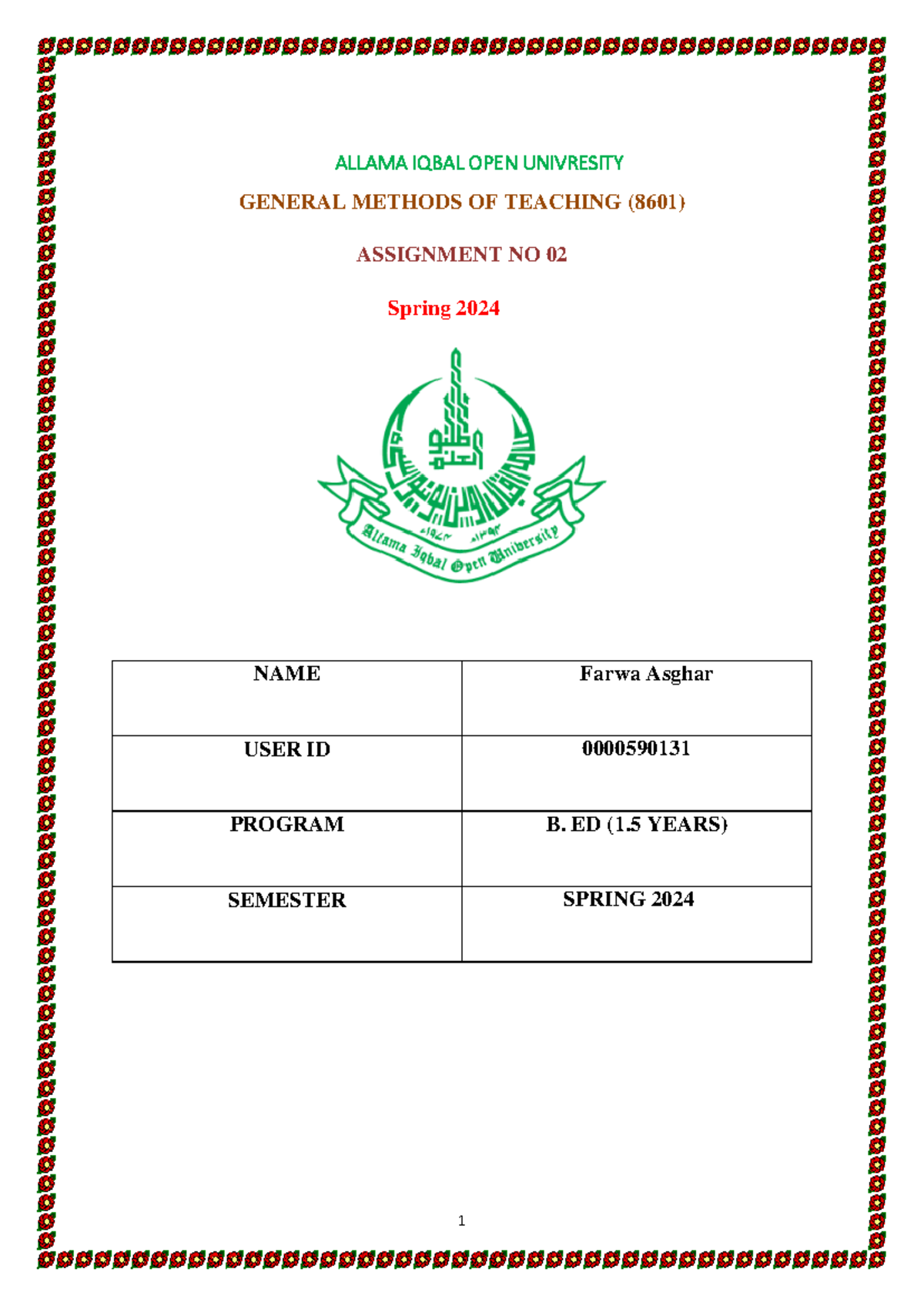 8601 2nd Assignment - ALLAMA IQBAL OPEN UNIVRESITY GENERAL METHODS OF ...