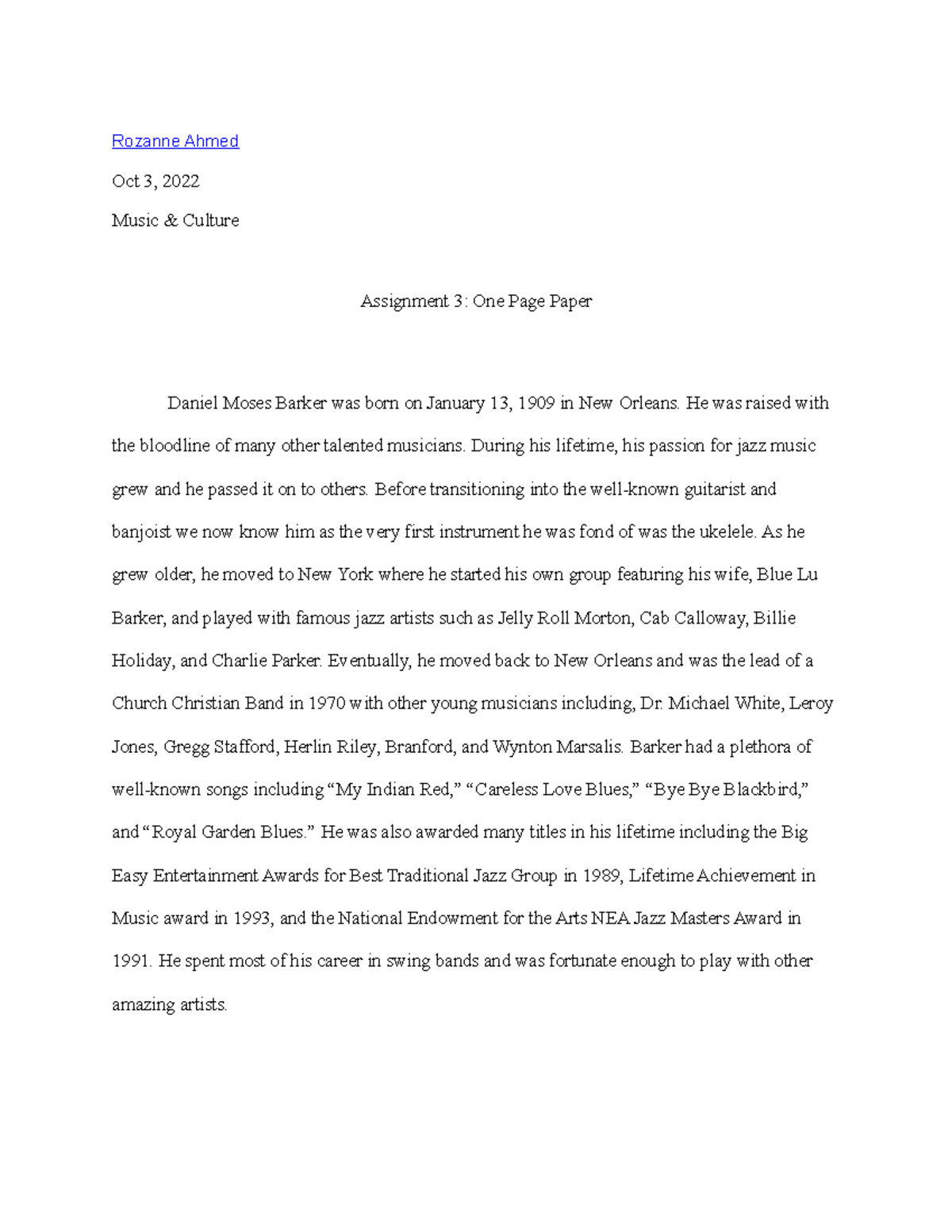 Assignment 3 one page paper rozanne ahmed oct 3 2022 music culture