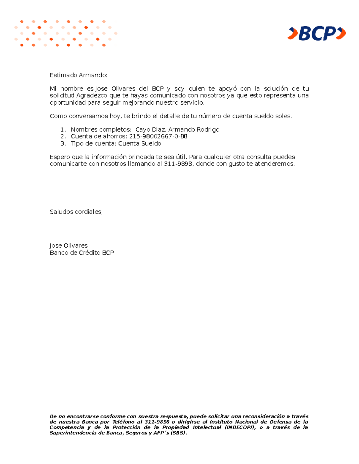 Constancia De Cuenta Lecture Notes 12 Estimado Armando Mi Nombre 