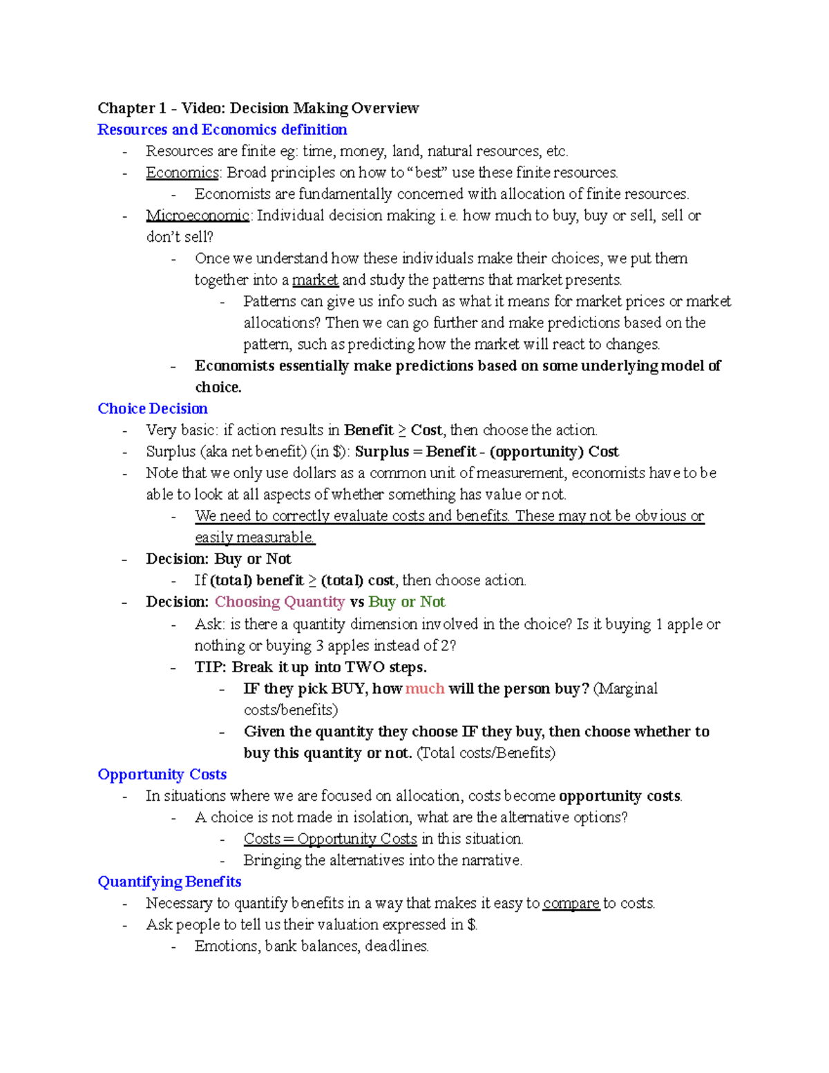 ECO101 W1 Module Notes - Covers opportunity cost and decision making ...