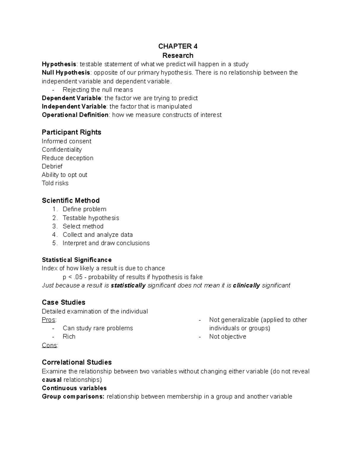 Psych EXAM 2 Study Guide - CHAPTER 4 Research Hypothesis: testable ...
