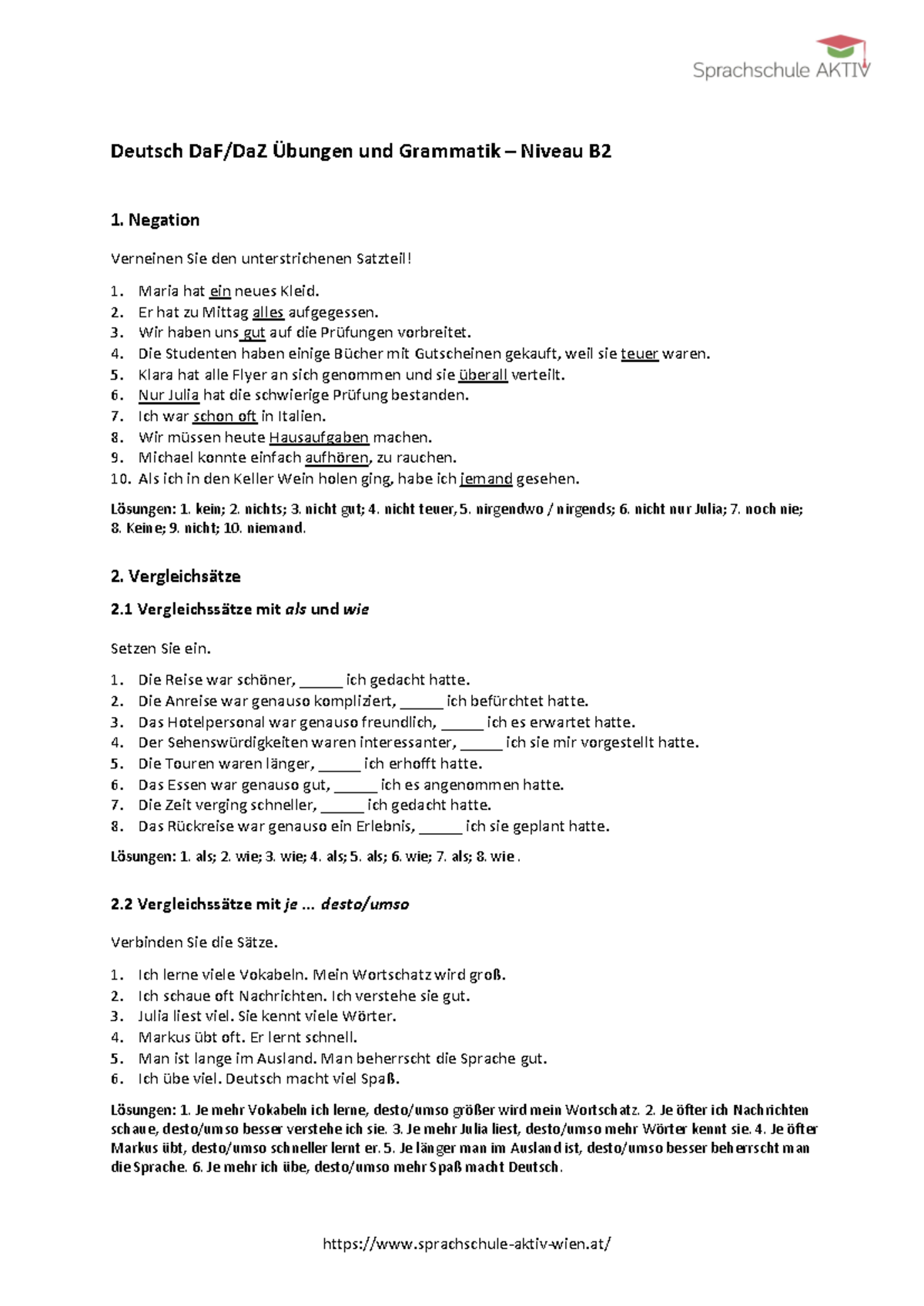 B2-Deutschkurs-Übungen - Deutsch DaF/DaZ Übungen und Grammatik – Niveau ...