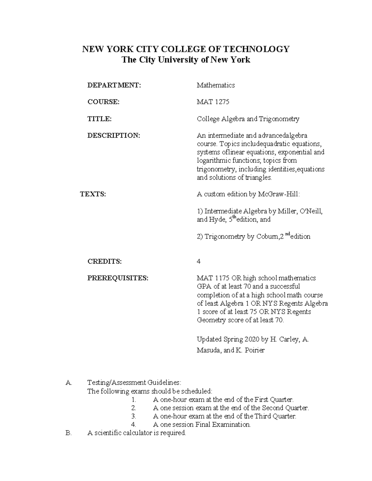 MAT1275 - Lecture Notes - NEW YORK CITY COLLEGE OF TECHNOLOGY The City ...