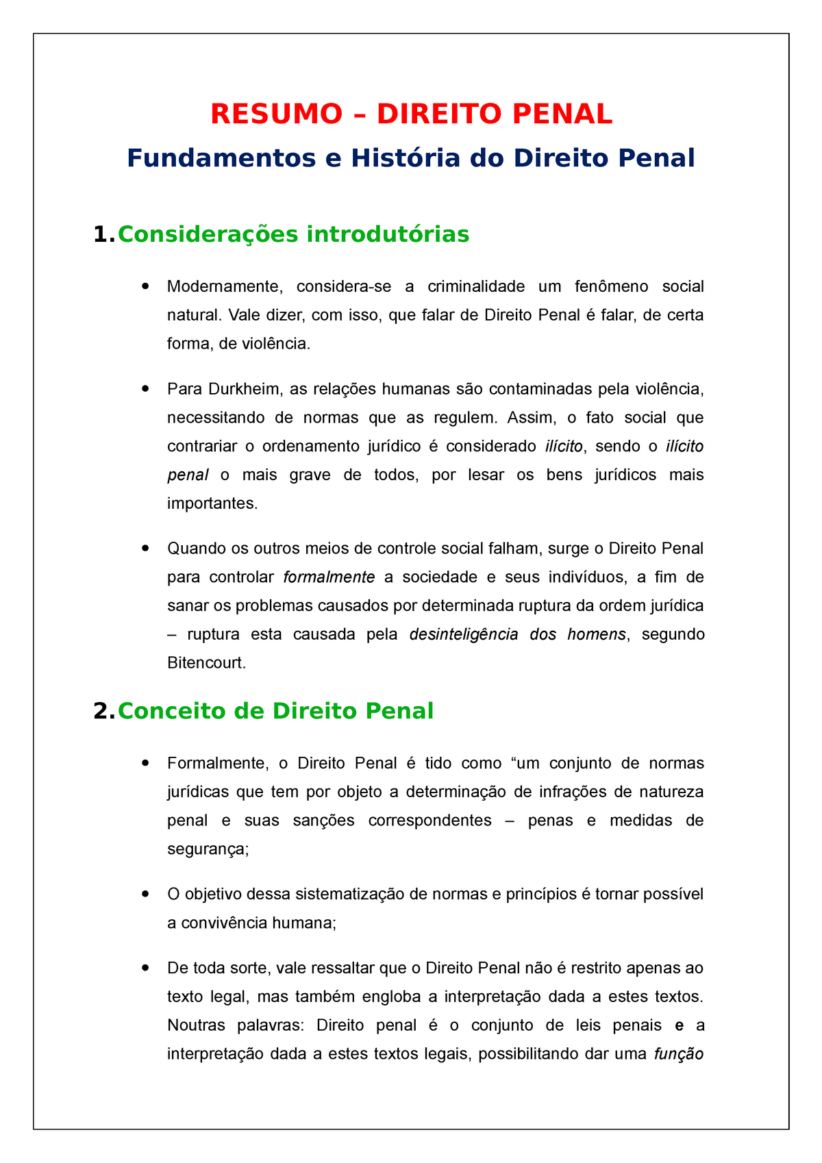 Direito Penal - Introdução - RESUMO DIREITO PENAL Fundamentos E Do ...