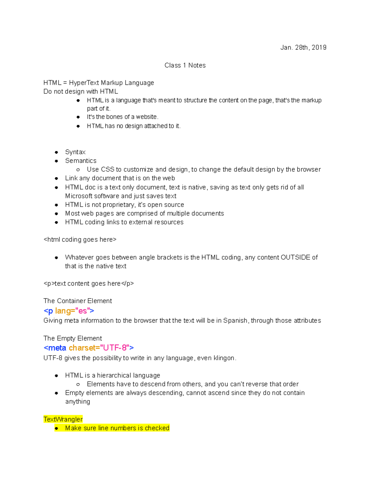 Class 1 Web Design Basics - Jan. 28th, 2019 Class 1 Notes HTML ...