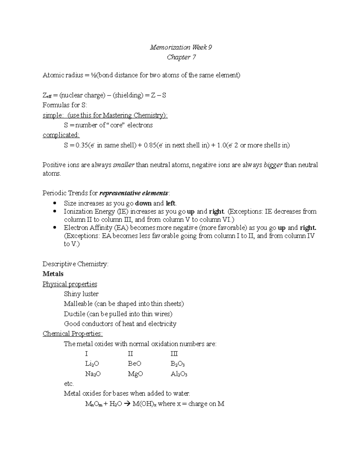 Memorization Week 8 and 9 ch 7 - Memorization Week 9 Chapter 7 Atomic ...