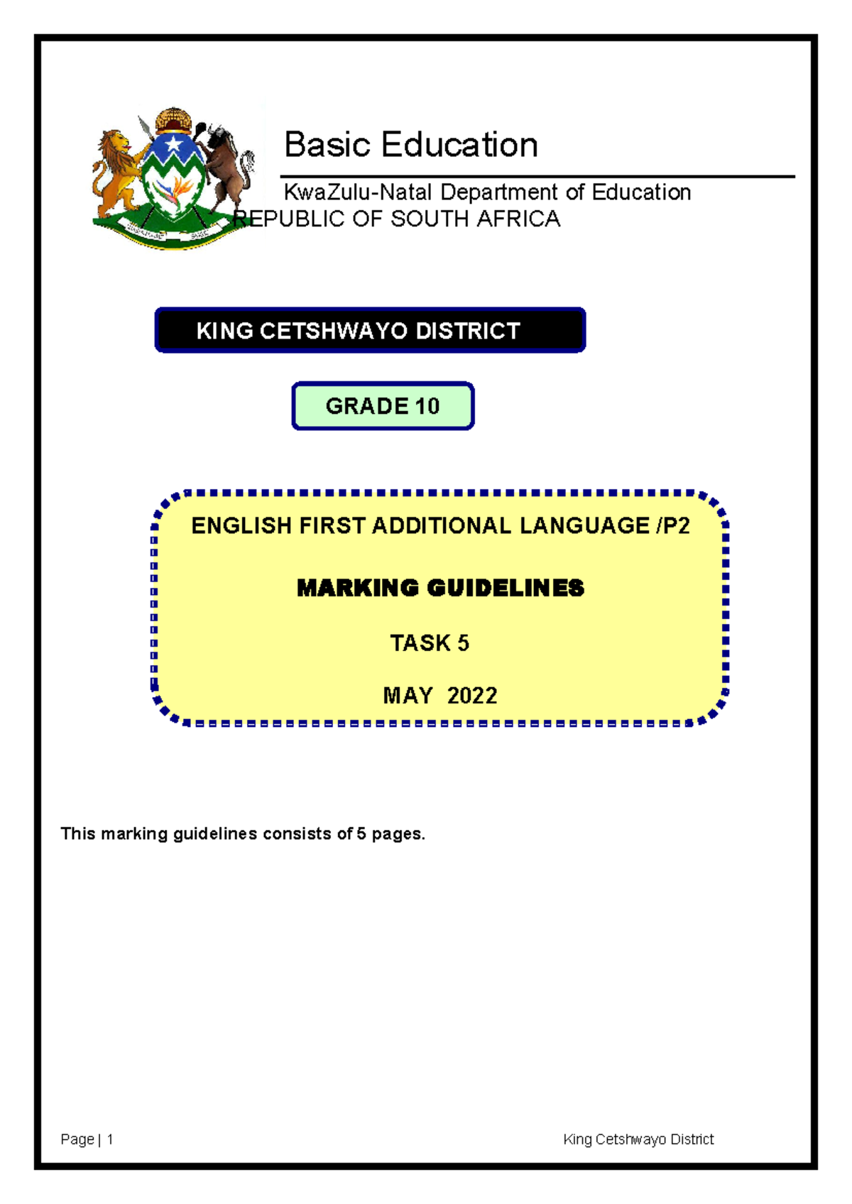 Marking Guidelines Assig Grade 10 (1) - Marking guidelines NATIONAL ...