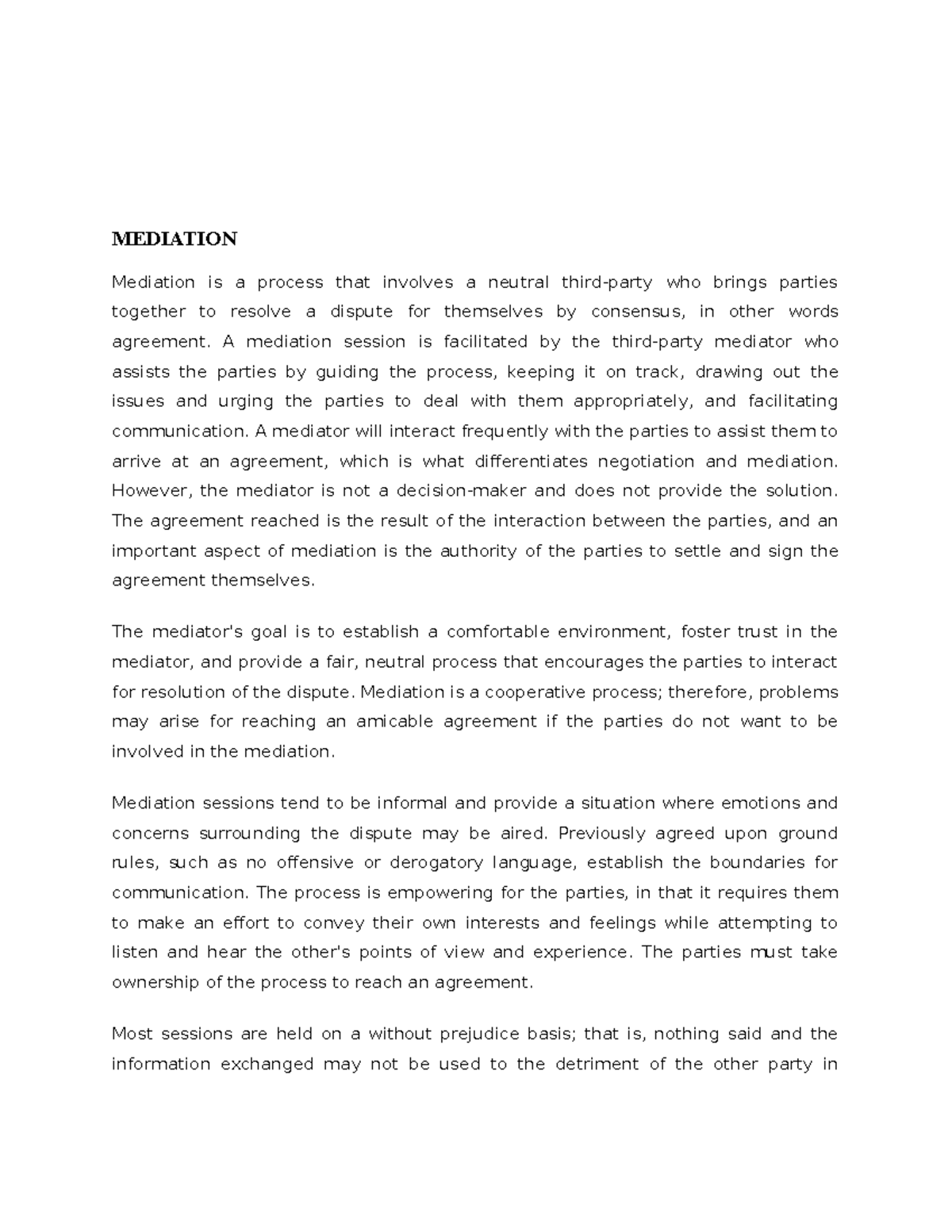 3. ADR Notes - MEDIATION Mediation is a process that involves a neutral ...