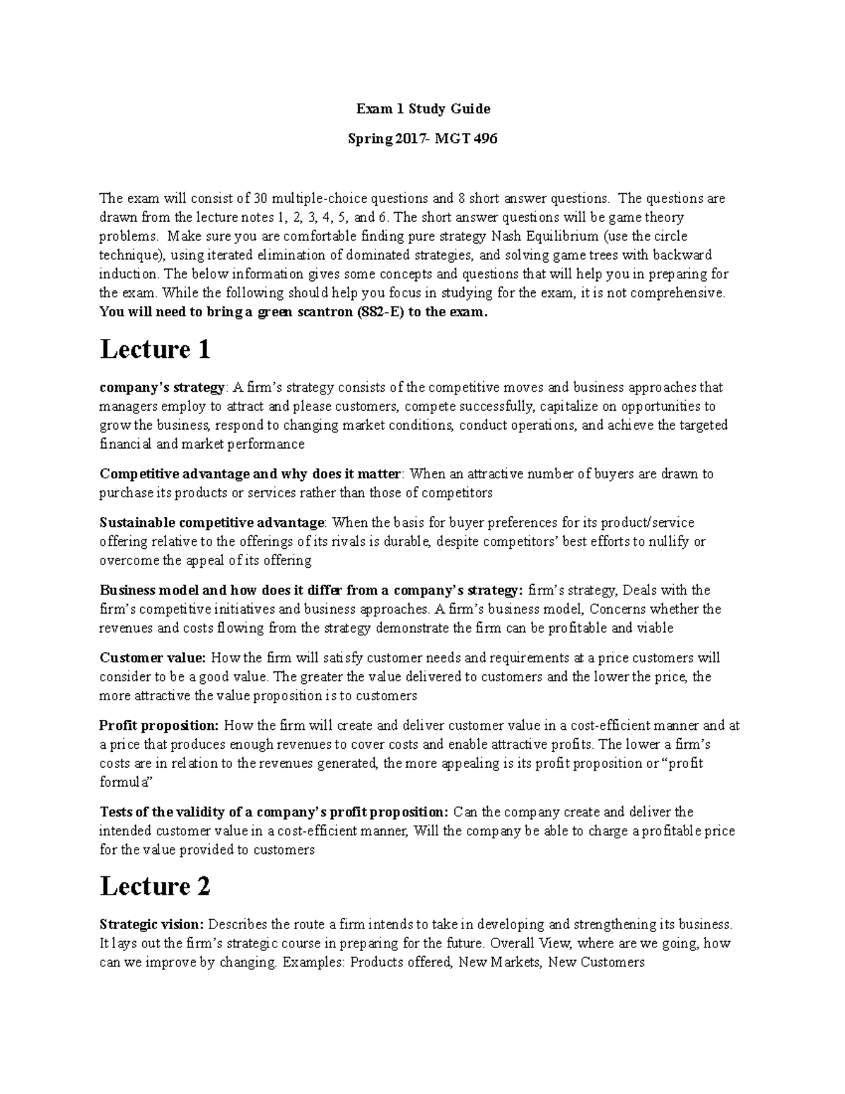 Exam1 Study Guide - Exam 1 Study Guide Spring MGT 496 The exam will ...
