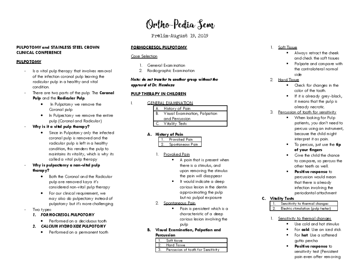 Ortho Pedia SEM AUG 19 Dr. Mendoza PrelimAugust 19, 2019 PULPOTOMY
