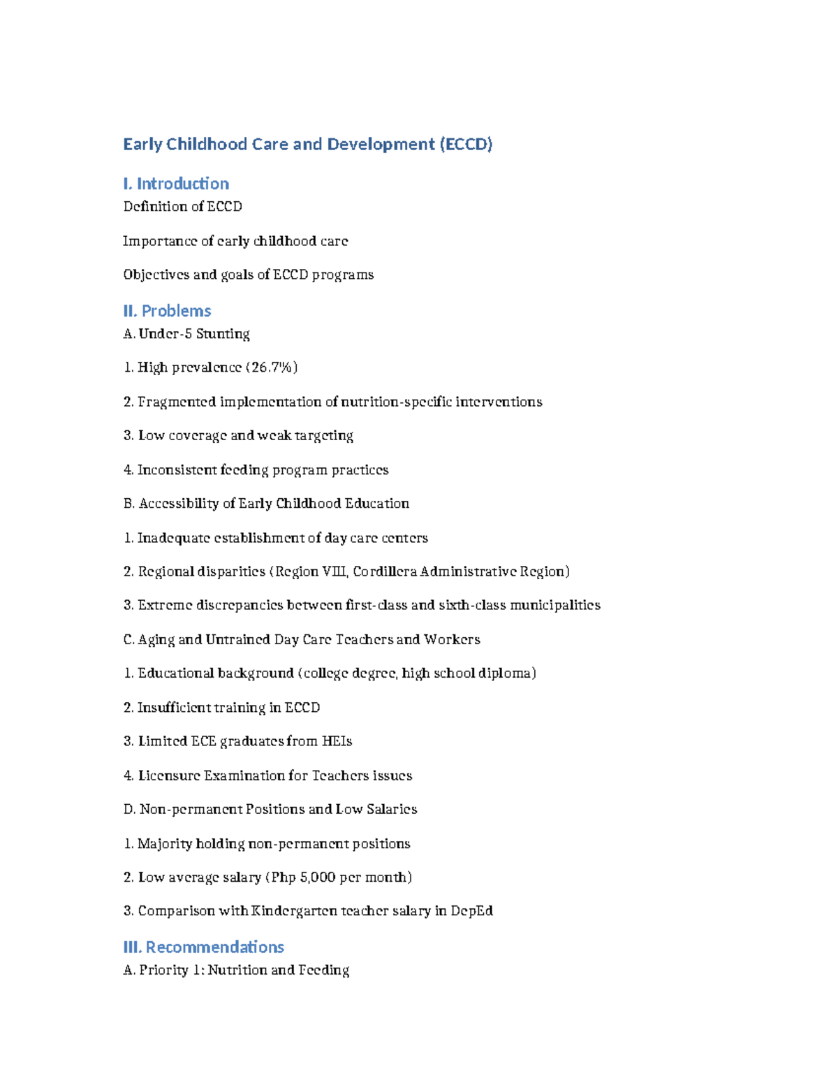 ECCD Outline - Notes - Early Childhood Care and Development (ECCD) I ...