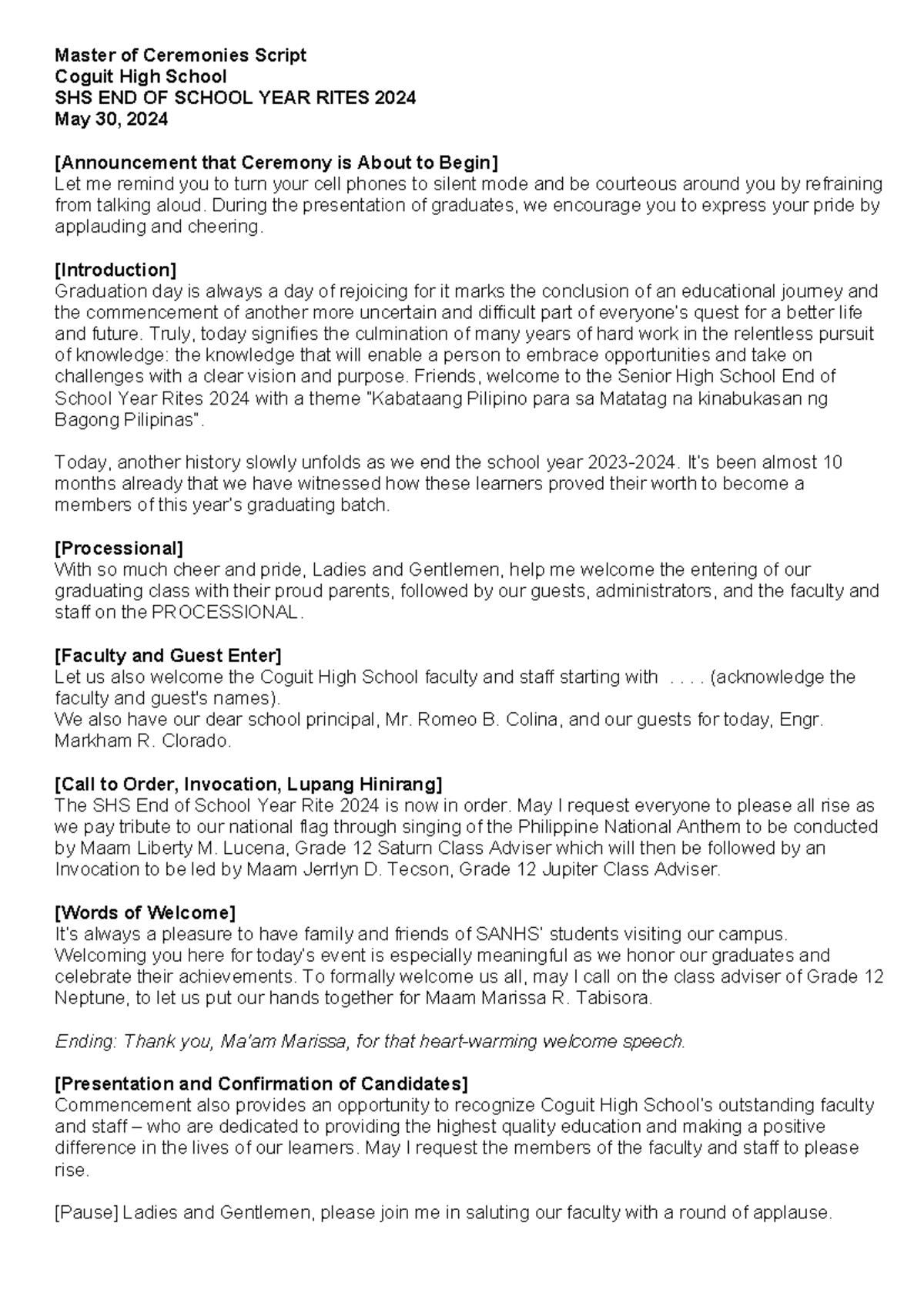 Graduation Script 2024 - Master of Ceremonies Script Coguit High School ...