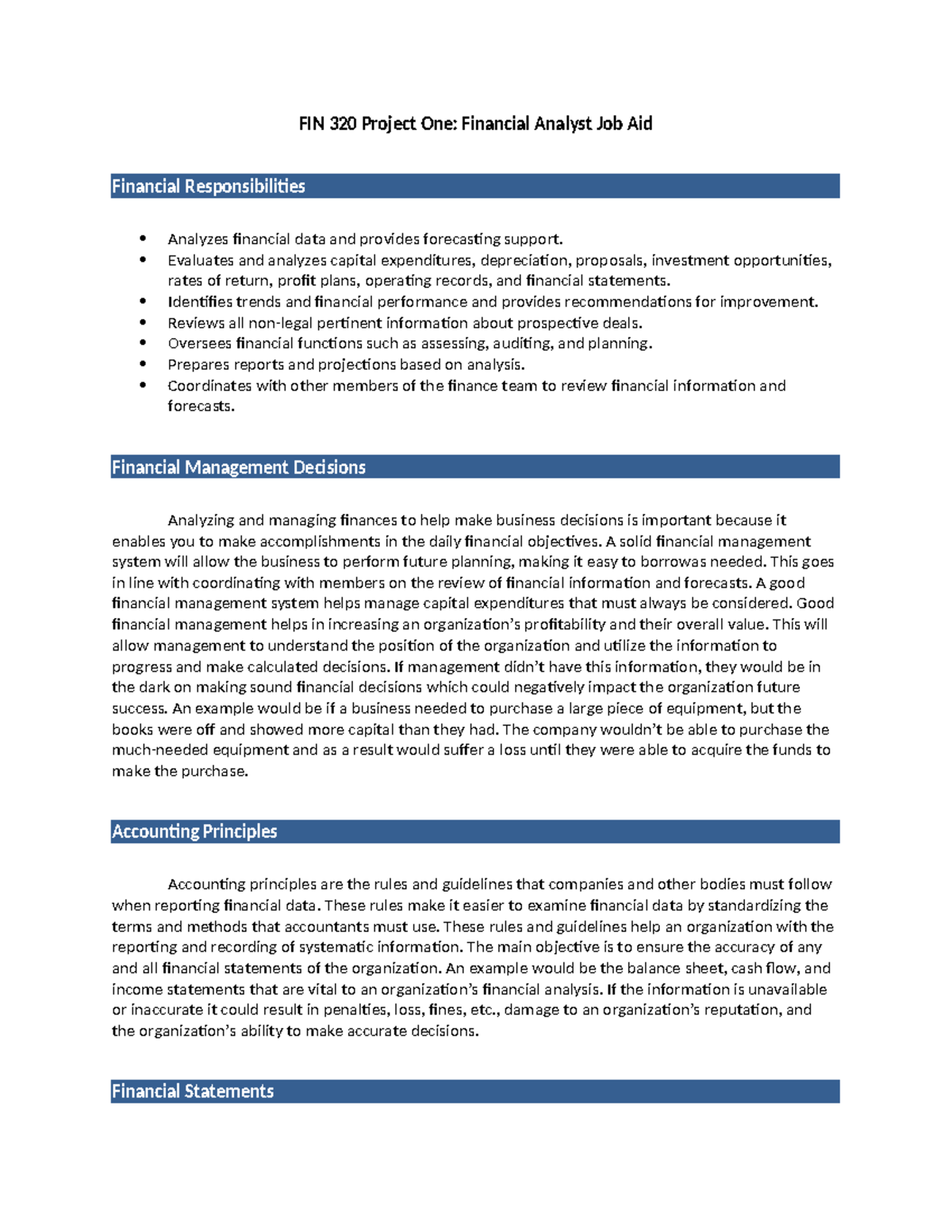 FIN 320 Project One Financial Analyst Job Aid - Evaluates and analyzes ...