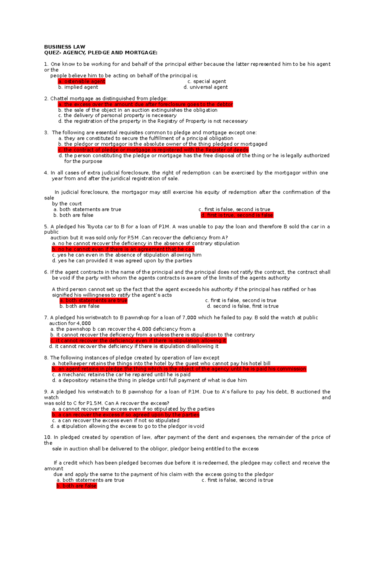 4 agency pledge and mortgage BUSINESS LAW QUEZ AGENCY, PLEDGE AND