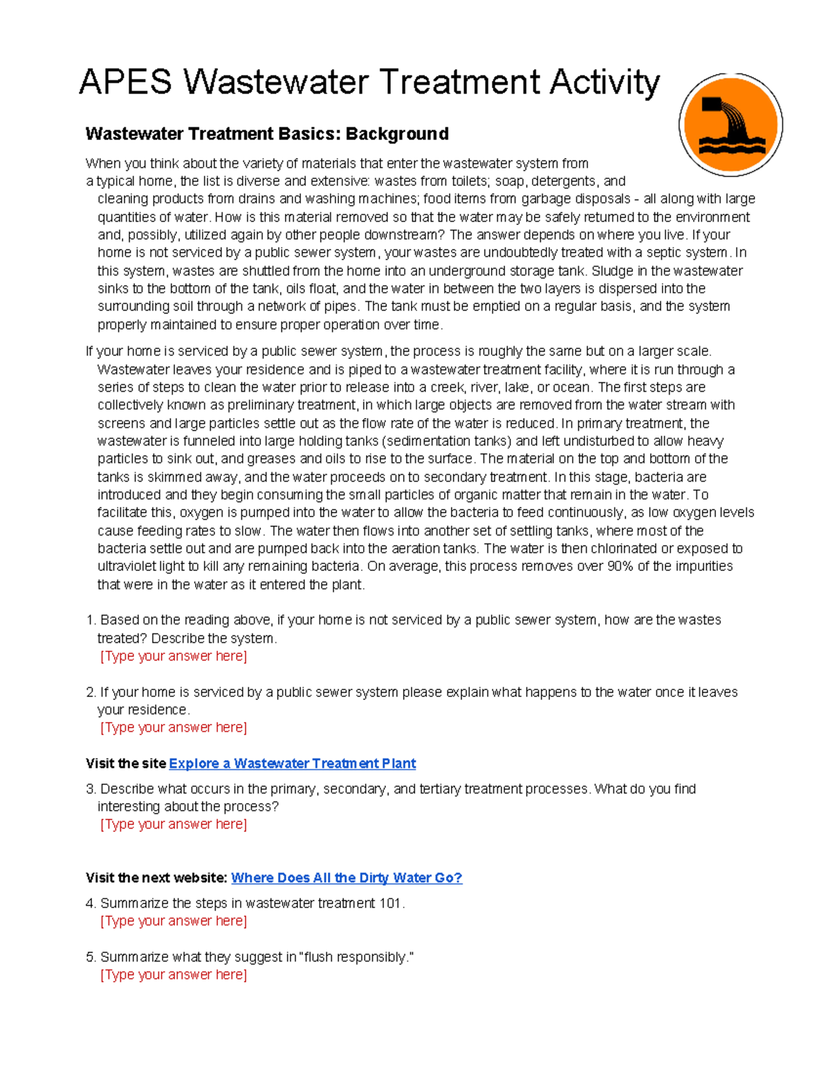 APES Wastewater Treatment Alternative Activity APES Wastewater