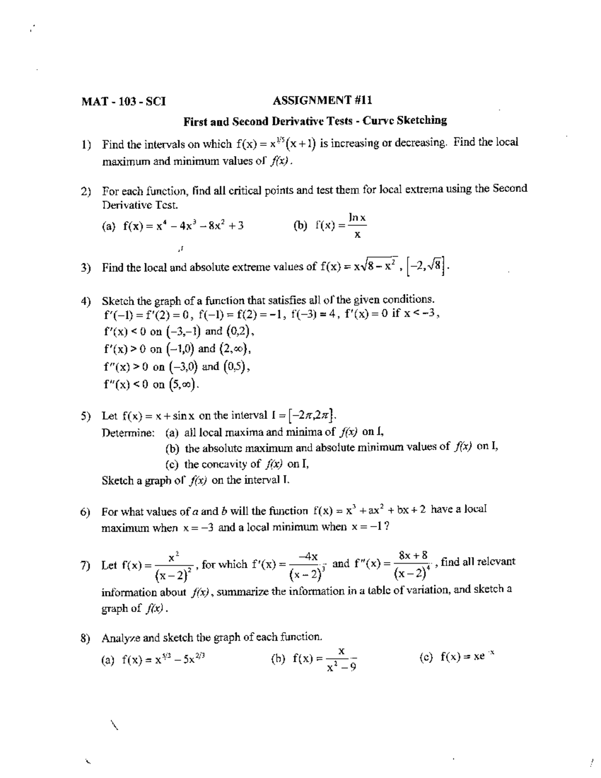 Assignment 11. First and Second Derivative Tests - Curve Sketching ...