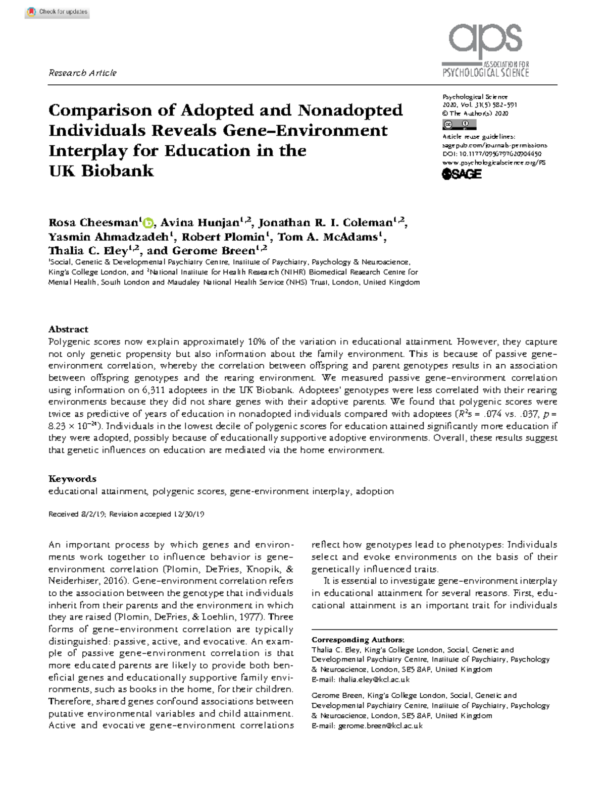 Comparison of Adopted and Nonadopted Individuals Reveals Gene ...