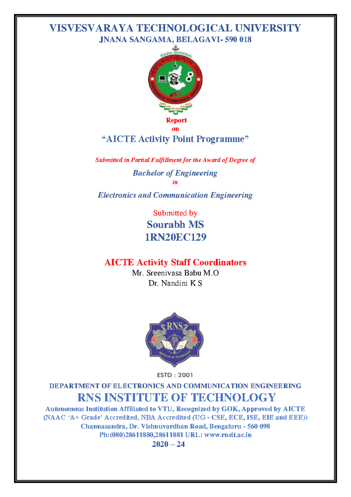 Aicte Report-2 - VISVESVARAYA TECHNOLOGICAL UNIVERSITY JNANA SANGAMA ...