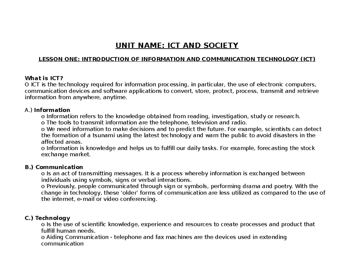 Ict and society notes unit name ict and society lesson one