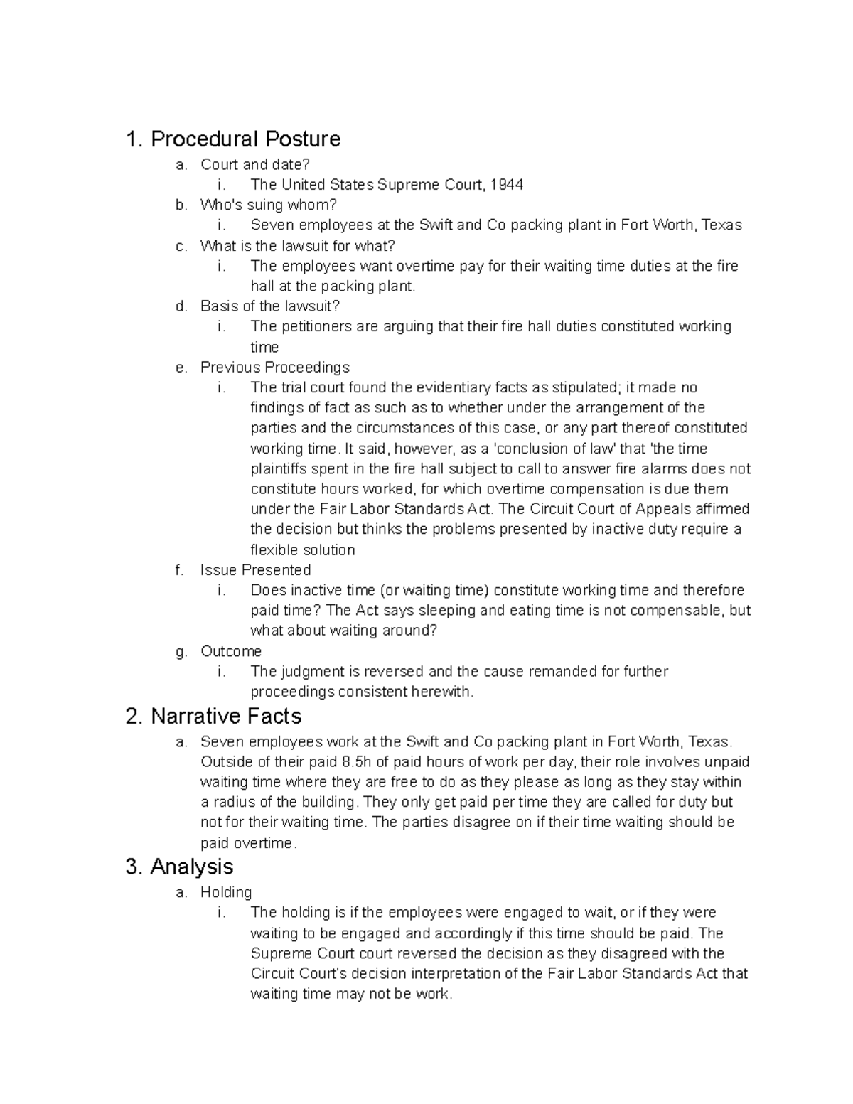 Skidmore V. Swift Case Notes - 1. Procedural Posture a. Court and date ...