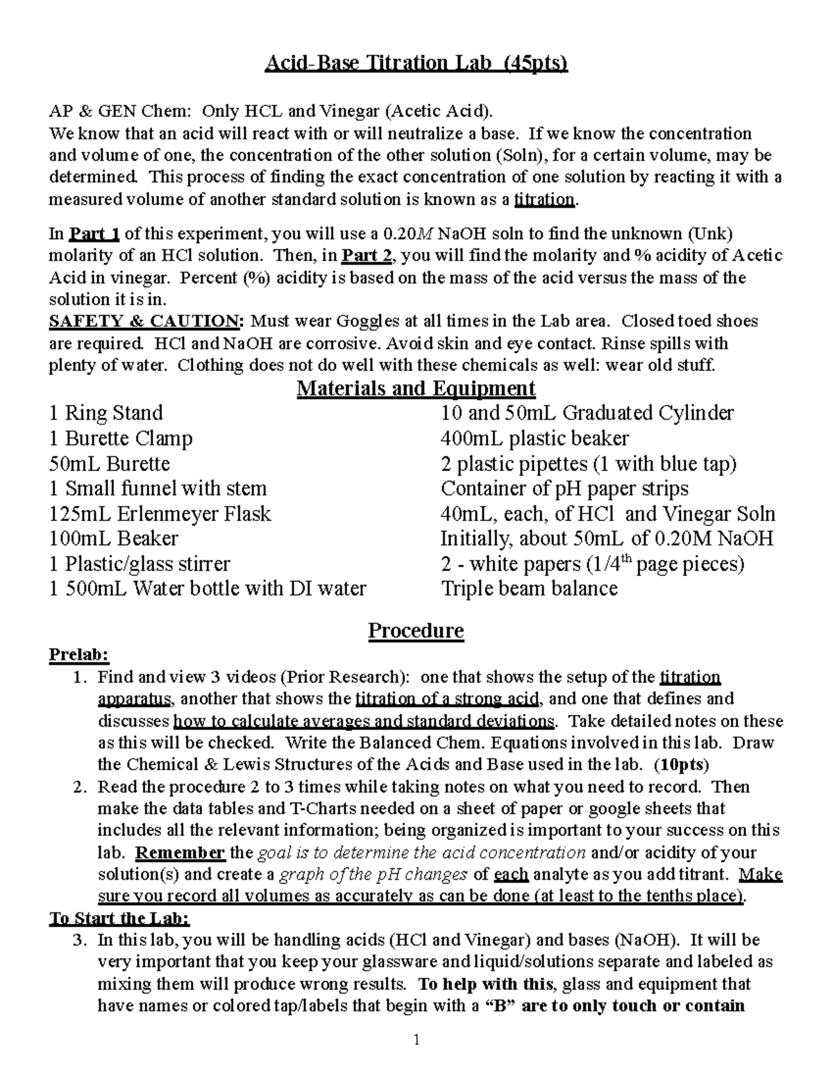 20231030 Lab Acid Base Titration AcidBase Titration Lab (45pts) AP