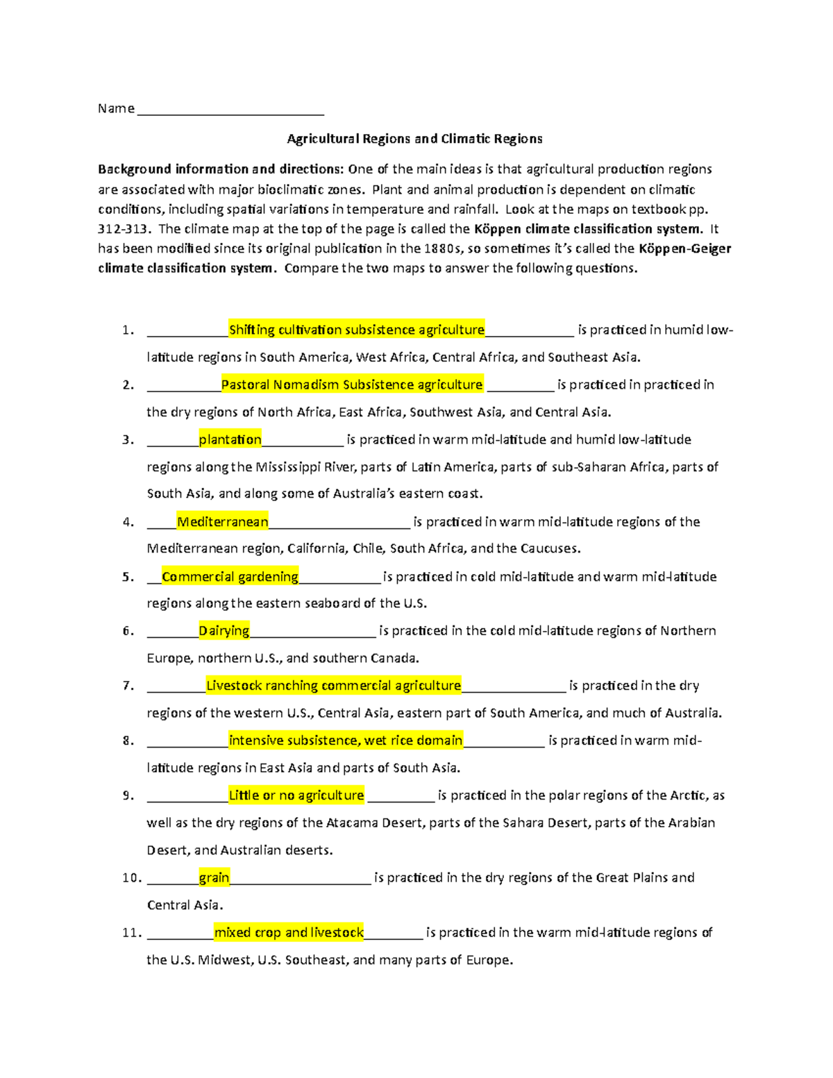 Agricultural and climatic regions worksheet - Name ...