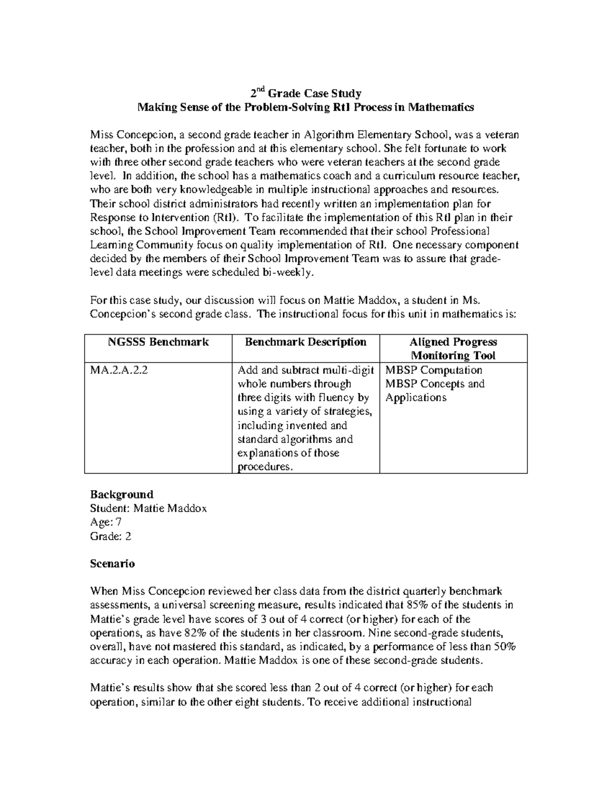 2nd Grade RTI Case Study Math - 2 nd Grade Case Study Making Sense of ...