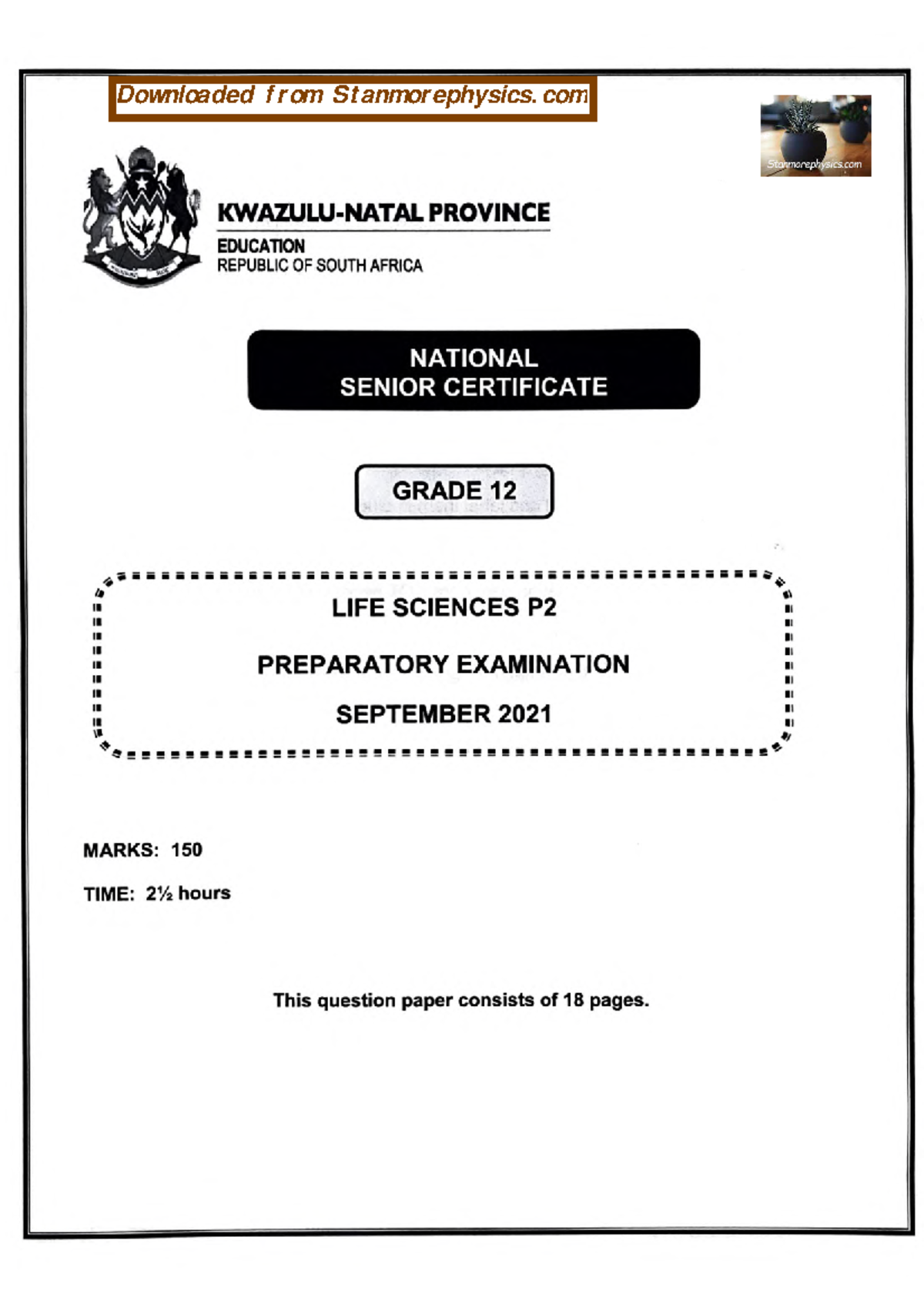 LIFE Sciences Grade 12 Trial 2021 P2 and Memo MARKS 150 This 