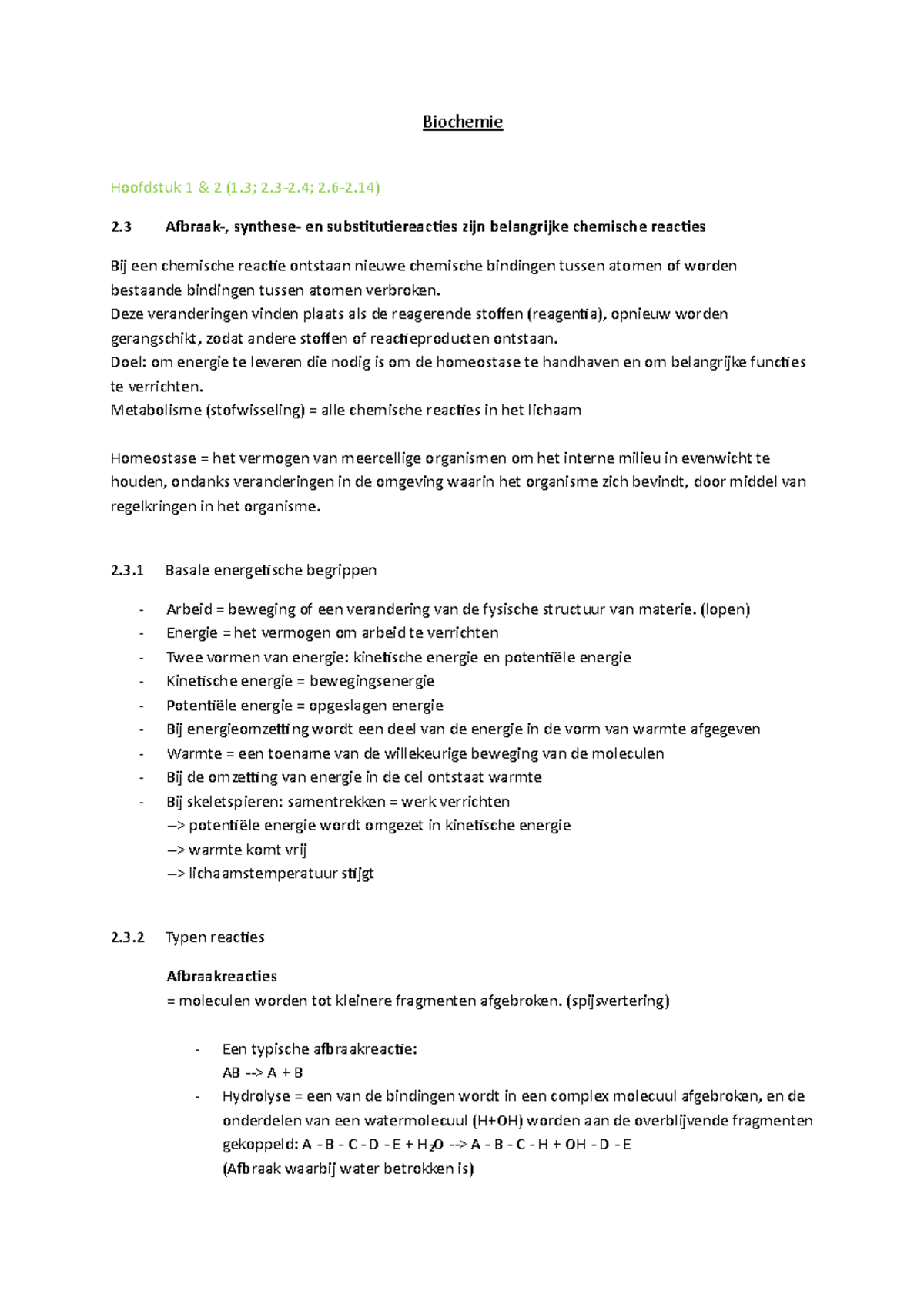 Samenvatting Biochemie - Biochemie Hoofdstuk 1 & 2 (1; 2.3-2; 2.6-2) 2 ...