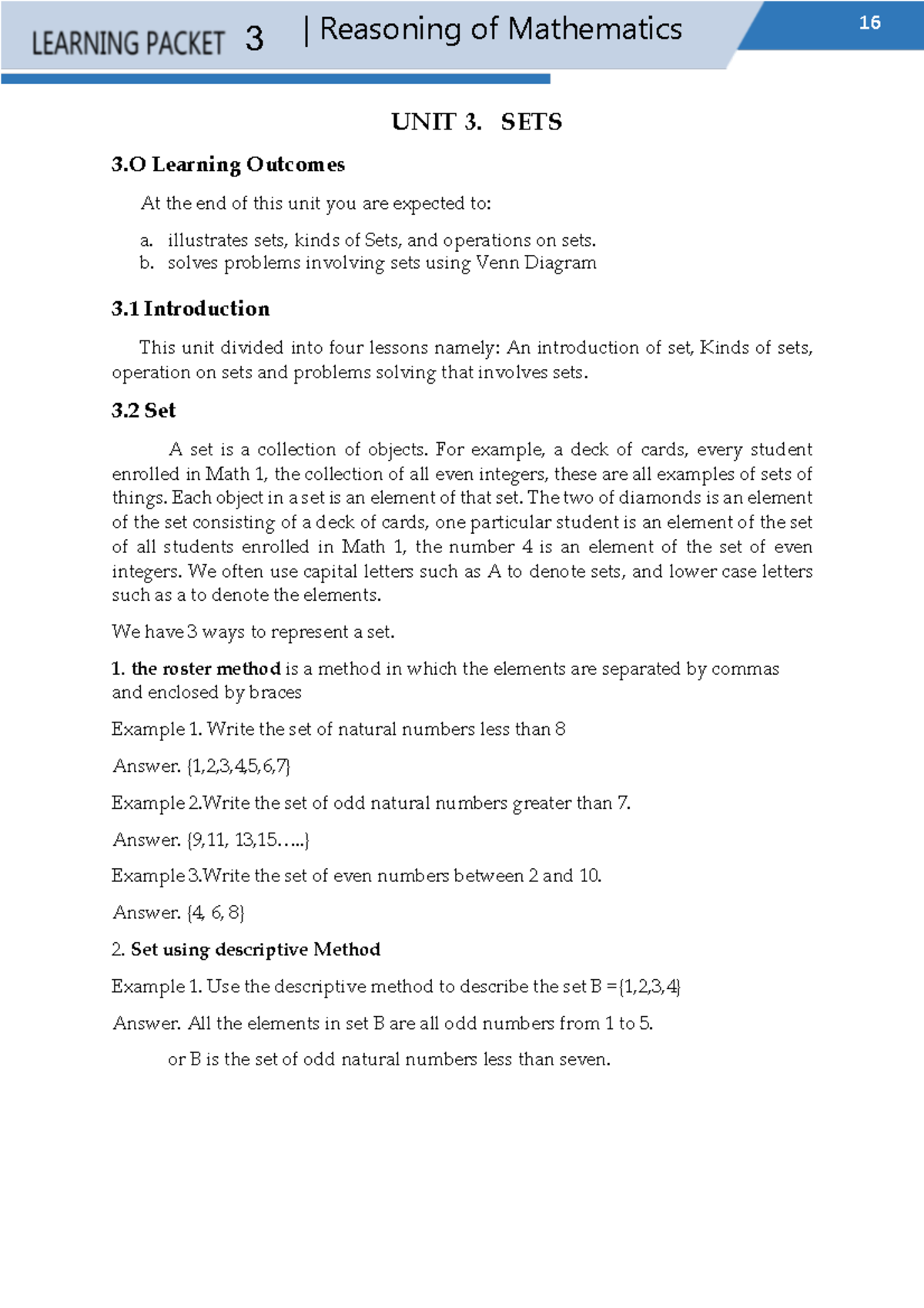 (LP3) UNIT 3 - Sets (MATH 1) - | Reasoning of Mathematics 3 UNIT 3 ...