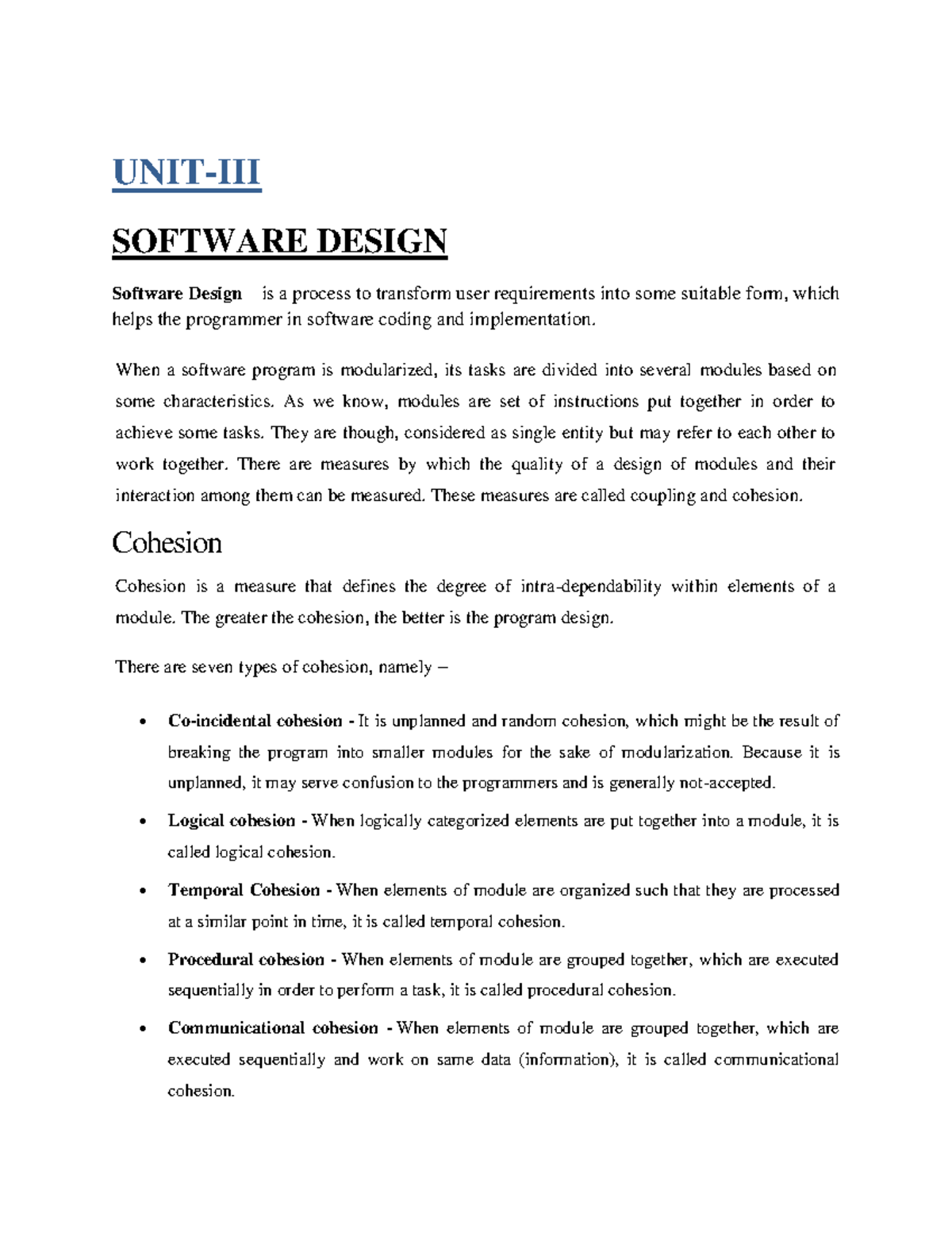 Se unit 3, 4 - UNIT-III SOFTWARE DESIGN Software Design is a process to ...
