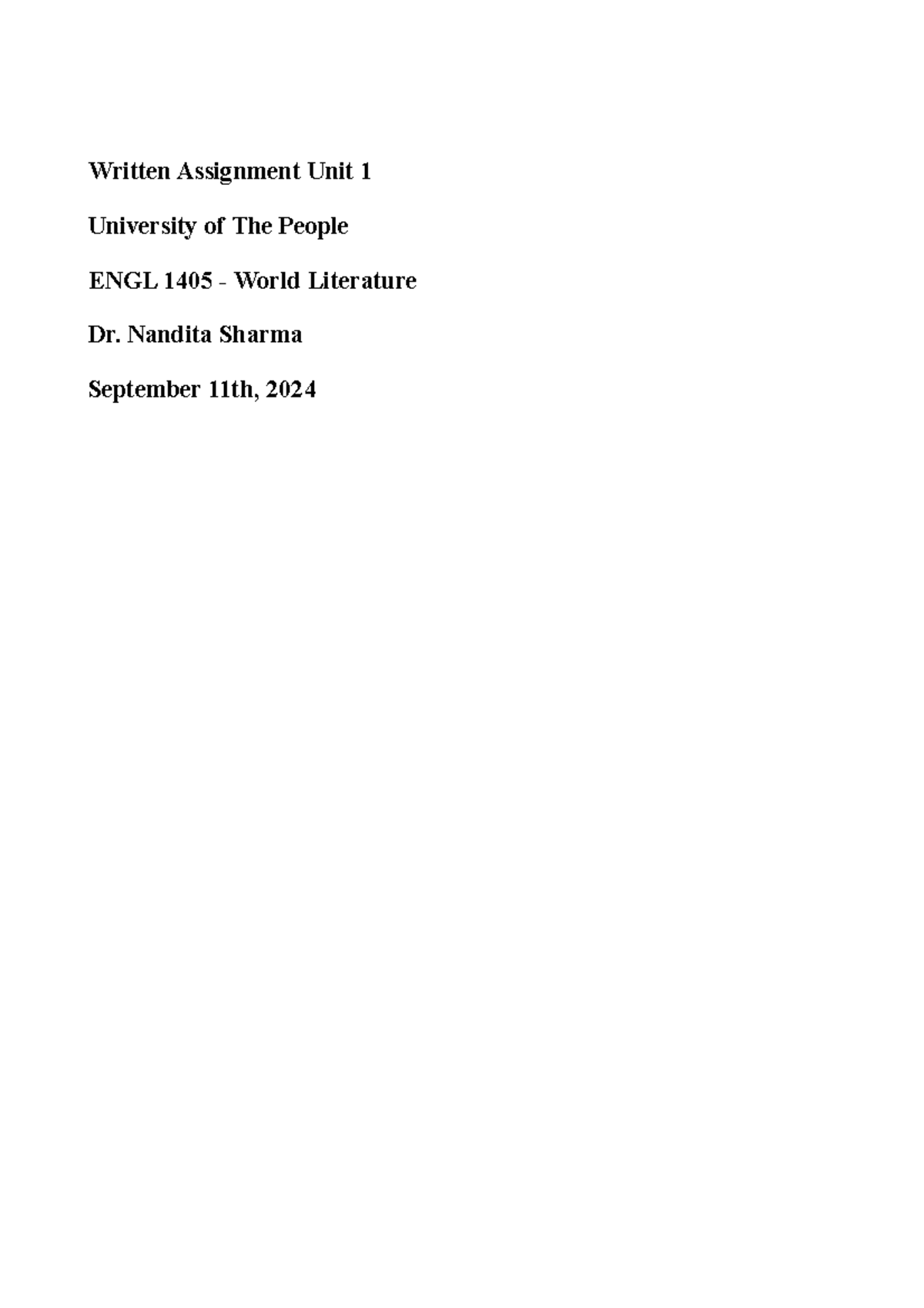 ENGL 1405 - WAUnit 1 - Good luck - Written Assignment Unit 1 University ...