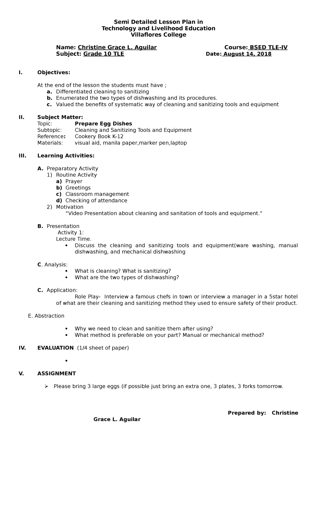 Cleaning,Sanitizing Tools and Equipment Semi Detailed Lesson Plan in