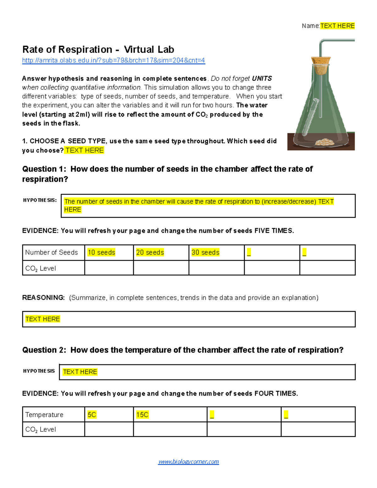 Rate of Respiration Virtual with CER NameTEXT HERE Rate of Respiration Virtual Lab Studocu