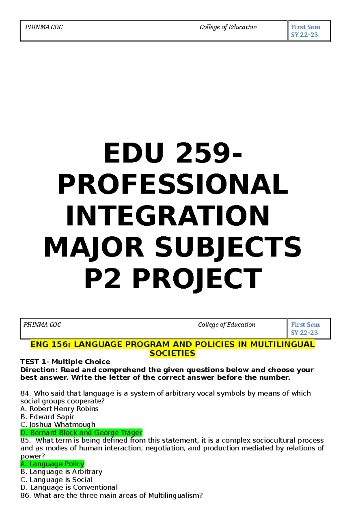 EDU 259 P2 Project I - Test Questionnaires - PHINMA COC College Of ...